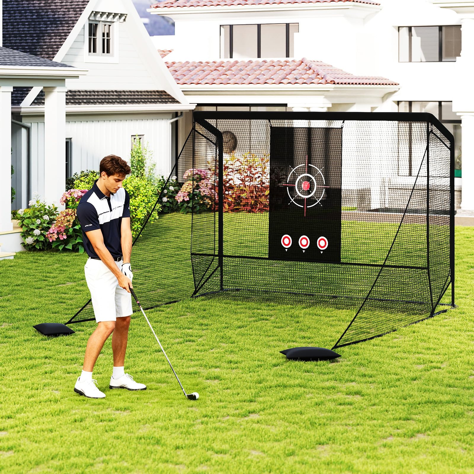 COSTWAY Filet d'Entraînement de Golf avec Cible, Filet de Frappe Golf Portable avec Barrières Latérales Amovibles, Sacs de Sable, Sac de Transport pour Intérieur et Extérieur