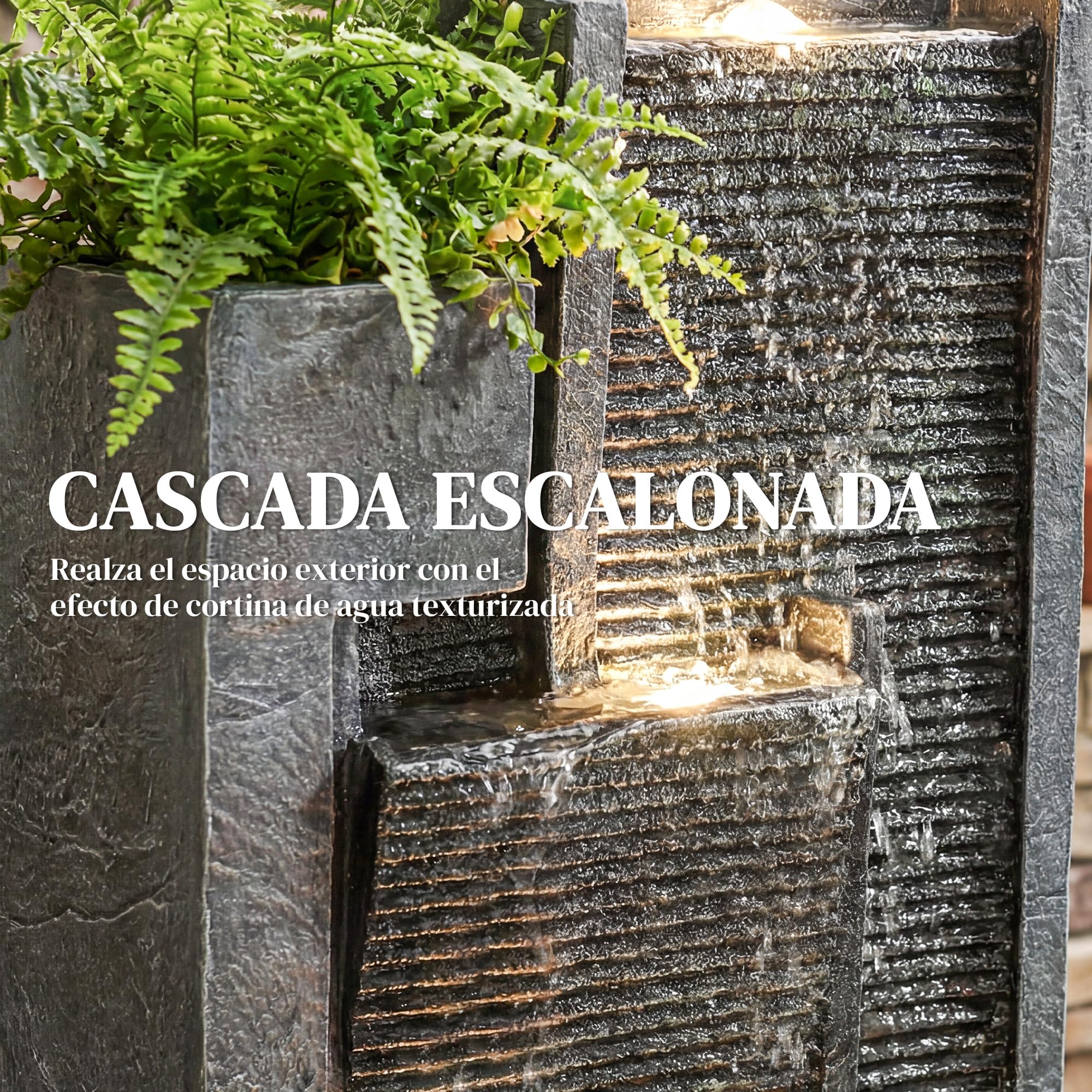 Outsunny Fuente de Agua Decorativa con Iluminación LED y Maceta, Fuente de Jardín Exteror en Cascada de 3 Niveles, con Bomba, Resistente a la Intemperie, para Jardín, Patio, 38x19x101 cm, Gris Oscuro