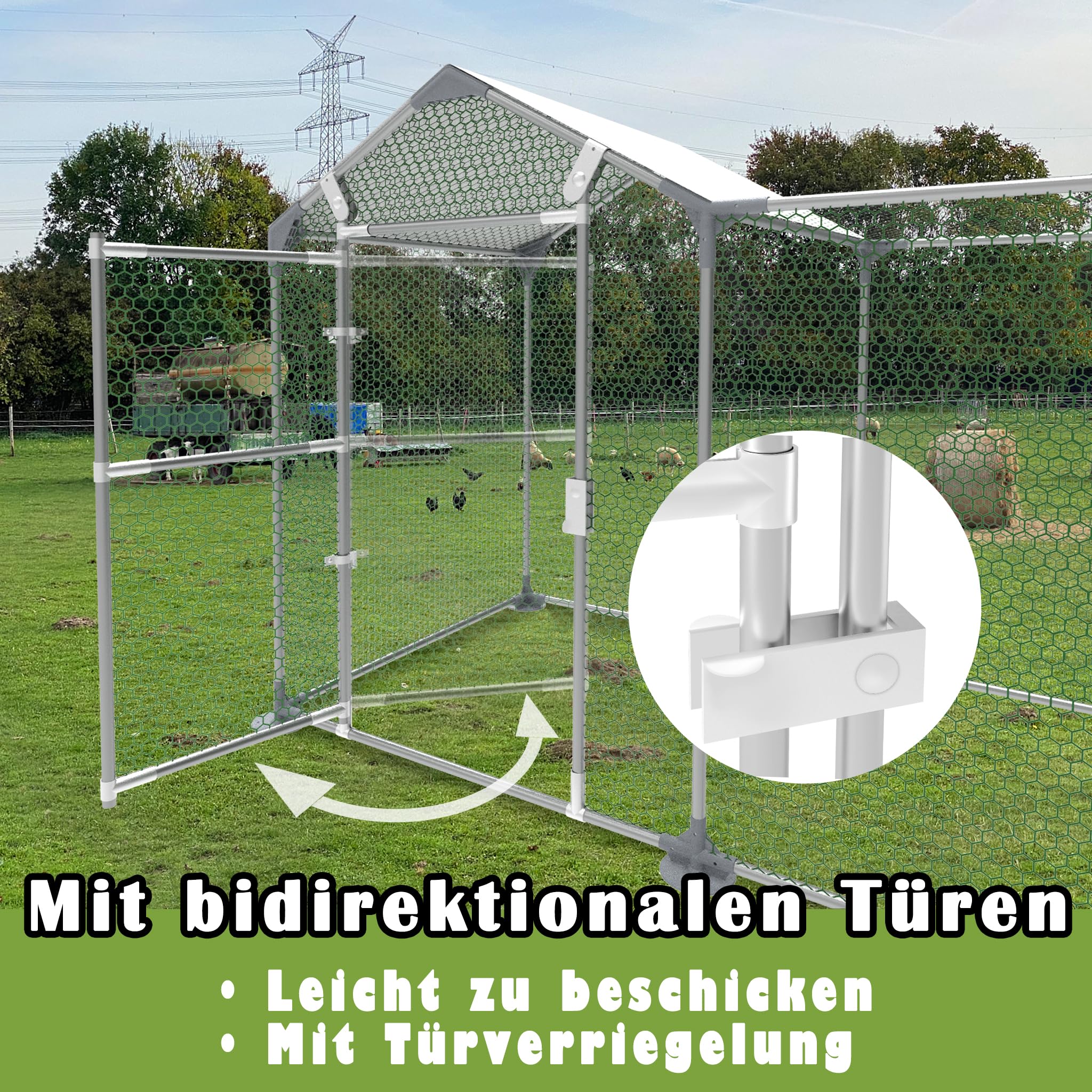 NAIZY Hühner Freilaufgehege mit Schloss, Hühnerstall 2 m x 1 m Hühnerhaus Verzinkter Stahlrahmen mit PE Sonnenschutzdach Kleintierstall, für Hühnerkäfig Geflügelstall Vogelkäfig