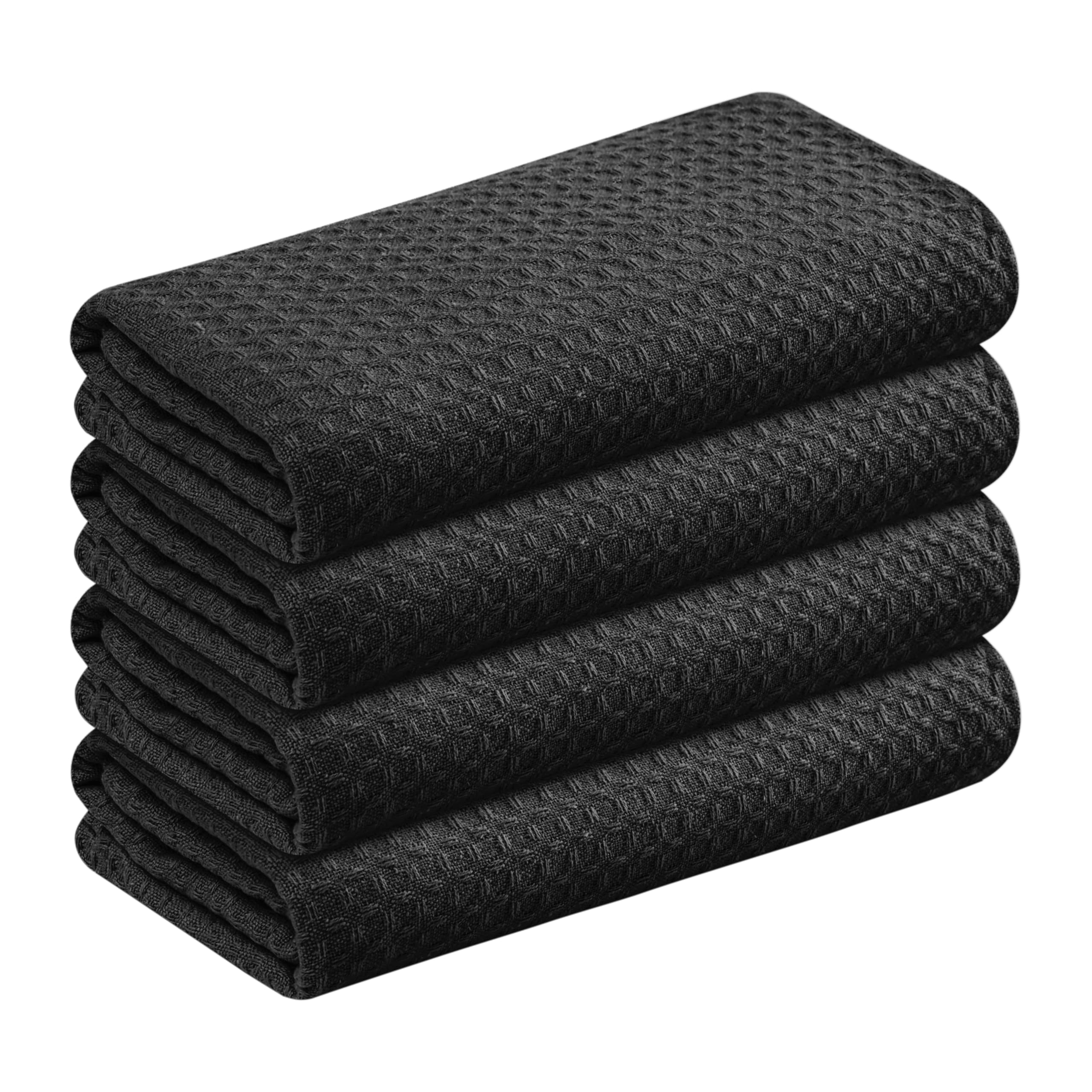 Black Waffle Kitchen Dish Towels, 100% Cotton, Quick Dry, Super Absorbent, Soft, 16x26 Inches - Ideal for Dish Drying, Bar, Hand Wipe, Cleaning, and Everyday Use, 4 Pack