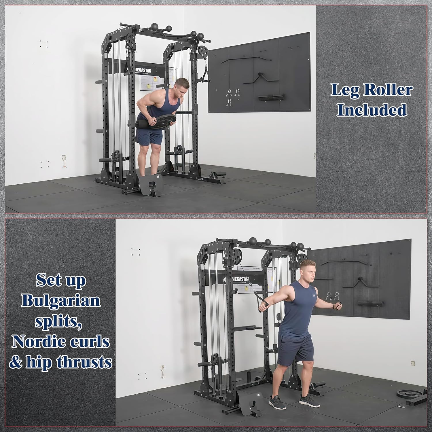 2"x3" Power Cage with Dual Cable Crossover, Leg Roller & Storage System, 12-Gauge Steel Home Gym Rack with 33 Numbered Adjustment Holes, Includes 12 Professional Training Accessories