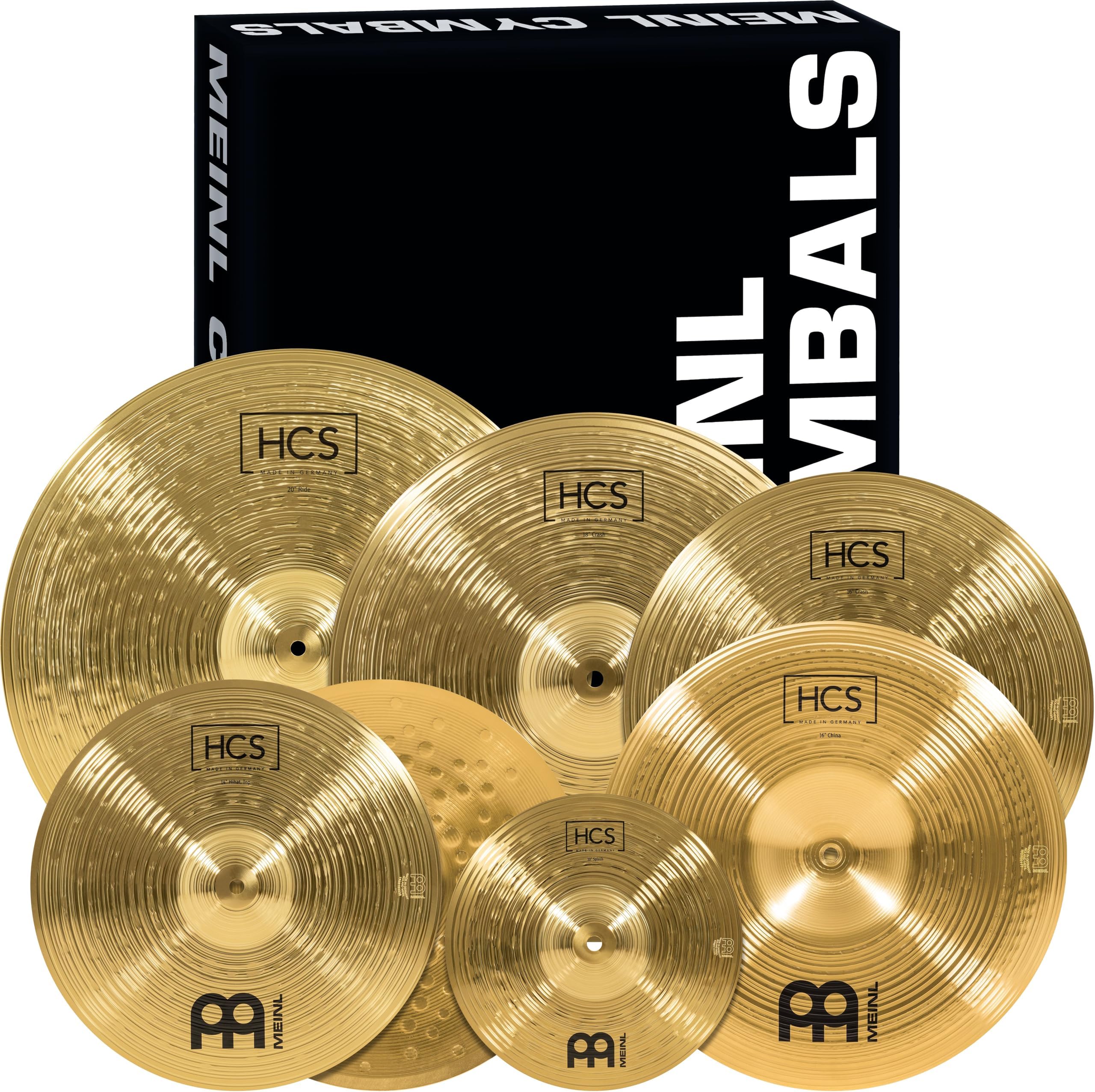 Super Set Box Pack with 14” Hihats, 20” Ride, 16” Crash, 18” Crash, 16” China, and a 10” Splash – HCS Traditional Finish Brass – Made In Germany, 2-YEAR WARRANTY (HCS-SCS)