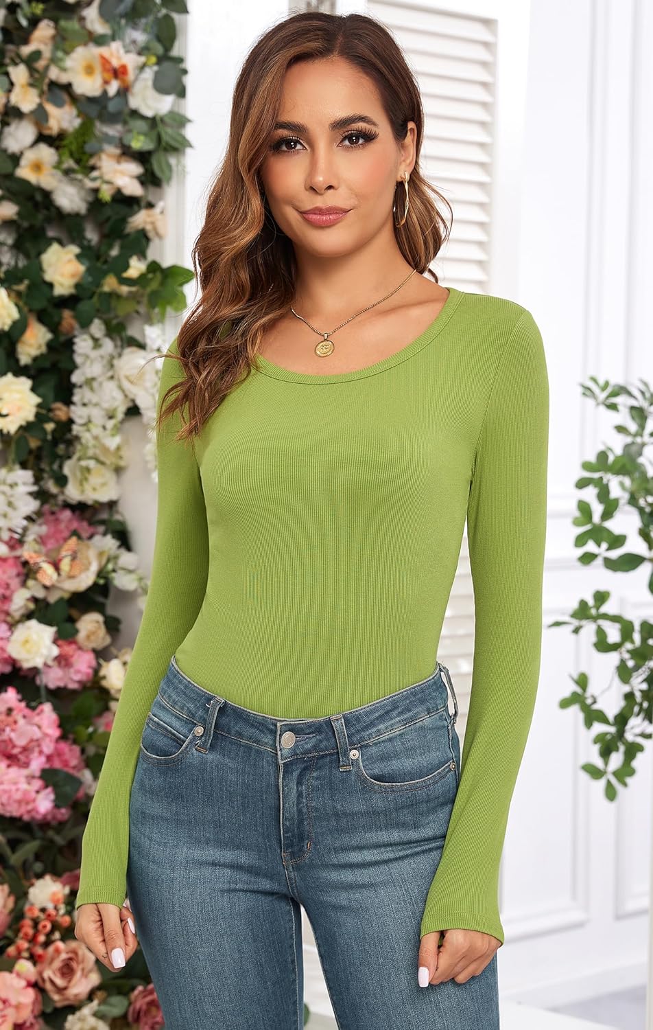 Women's Long Sleeve Tops Ribbed Crew Neck Slim Fit Underscrubs Layer T-Shirts Blouse - Image 2