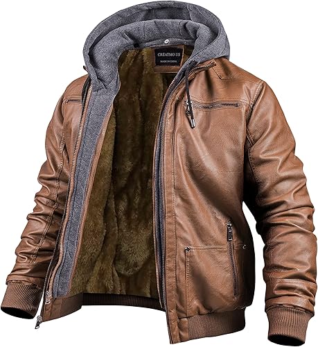 CREATMO US Chaqueta de piel sintética para hombre, impermeable, resistente al viento, PU con capucha extraíble