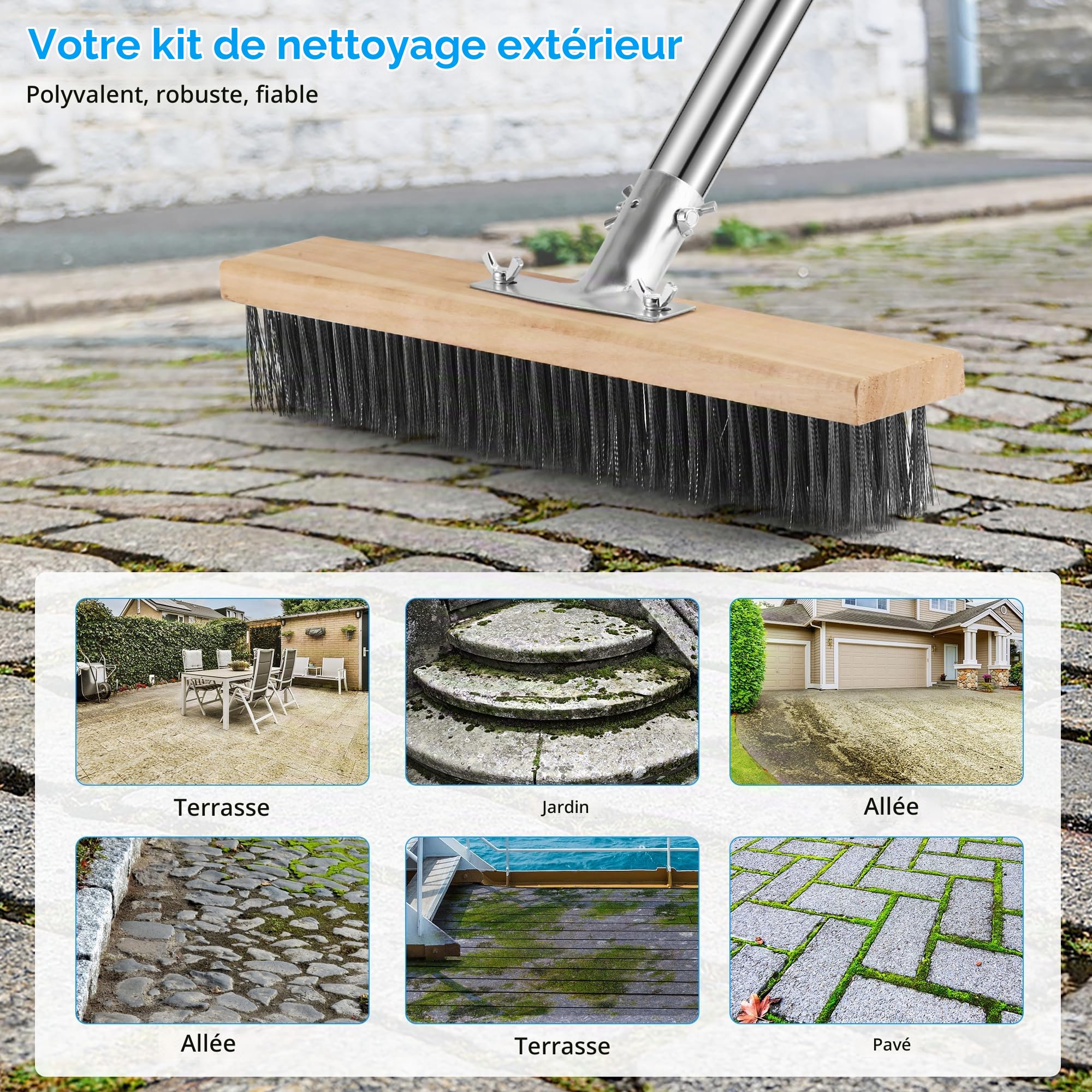 COZCLAM Ensemble de Brosse Metallique Robuste avec Manche Télescopique de 160cm, Brosse pour Sol de 35cm et 2 Brosses pour Joints, Balai Brosse Sol Métallique pour Extérieur Patio, Terrasse et Jardin