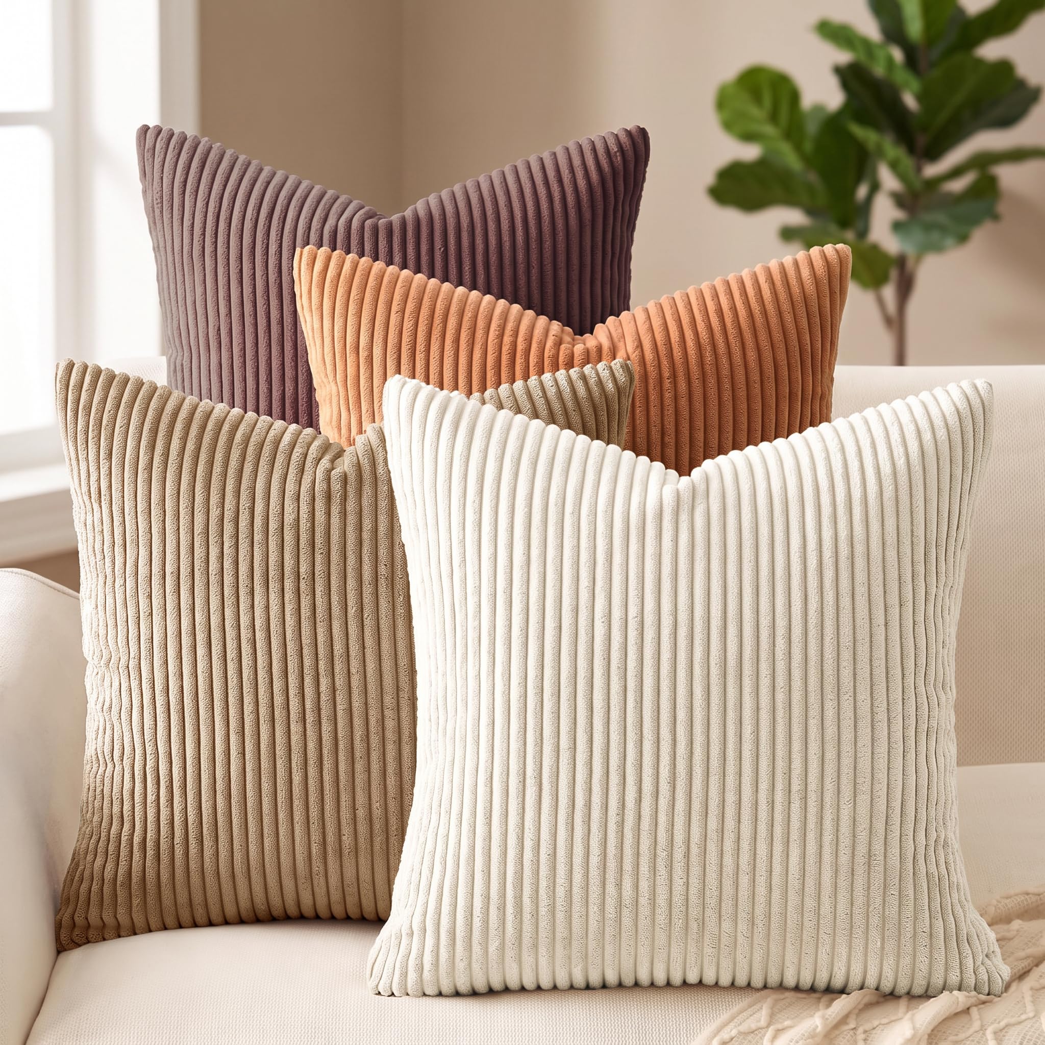 Set of 4 Corduroy Soft Striped Cushion Covers 50x50 cm, Boho Decorative Square Throw Pillow Covers 20x20 Inch with Invisible Zipper for Sofa Couch Bedroom Home Decorative Fluffy Large Pillowcases