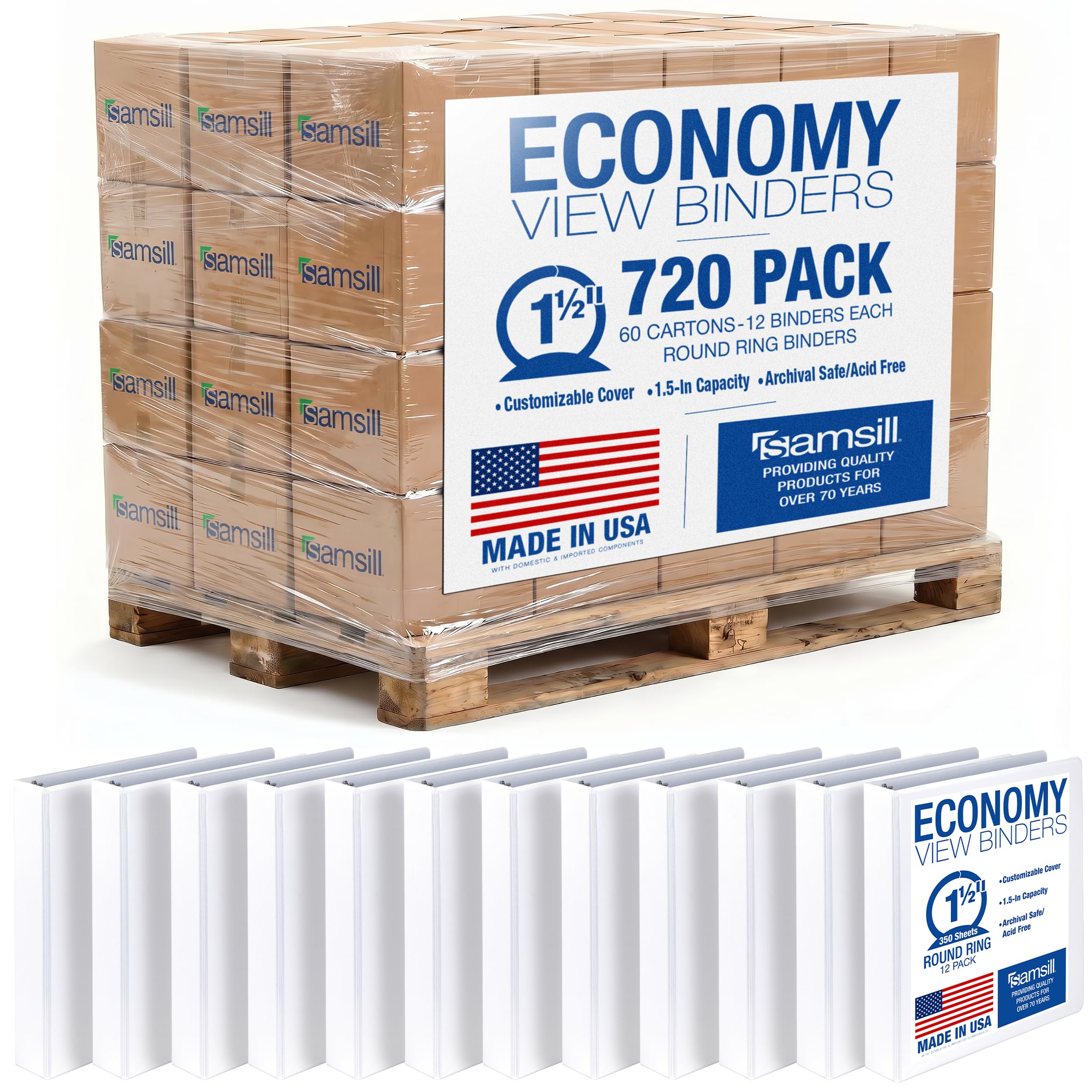 Samsill Economy 1.5 Inch 3 Ring Binder Bulk Pallet, Round Ring Binder, Customizable Clear View Cover, White, Pallet of 720 Binders in 60 Cartons