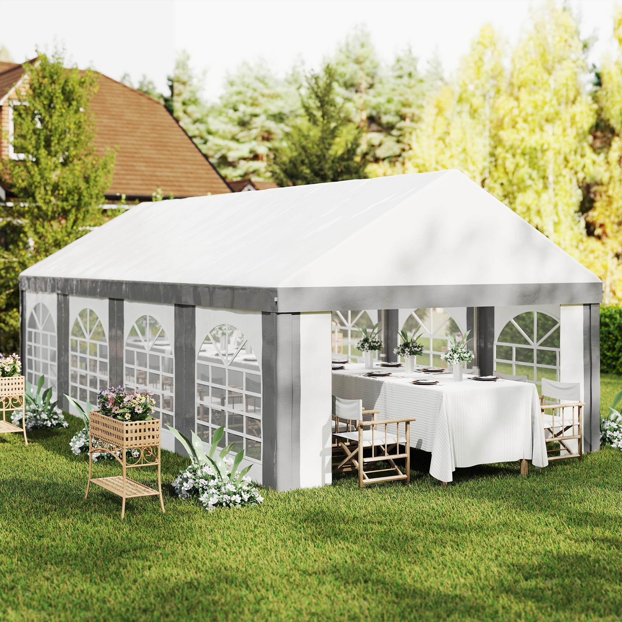 Outsunny Carpa para Fiesta 4x8 m Carpa de Jardín Anti-UV Gris y Blanco | Paredes Laterales Extraíbles, Puertas y Ventanas, Impermeable, Cenador Gazabo, Boda Camping Eventos Exterior