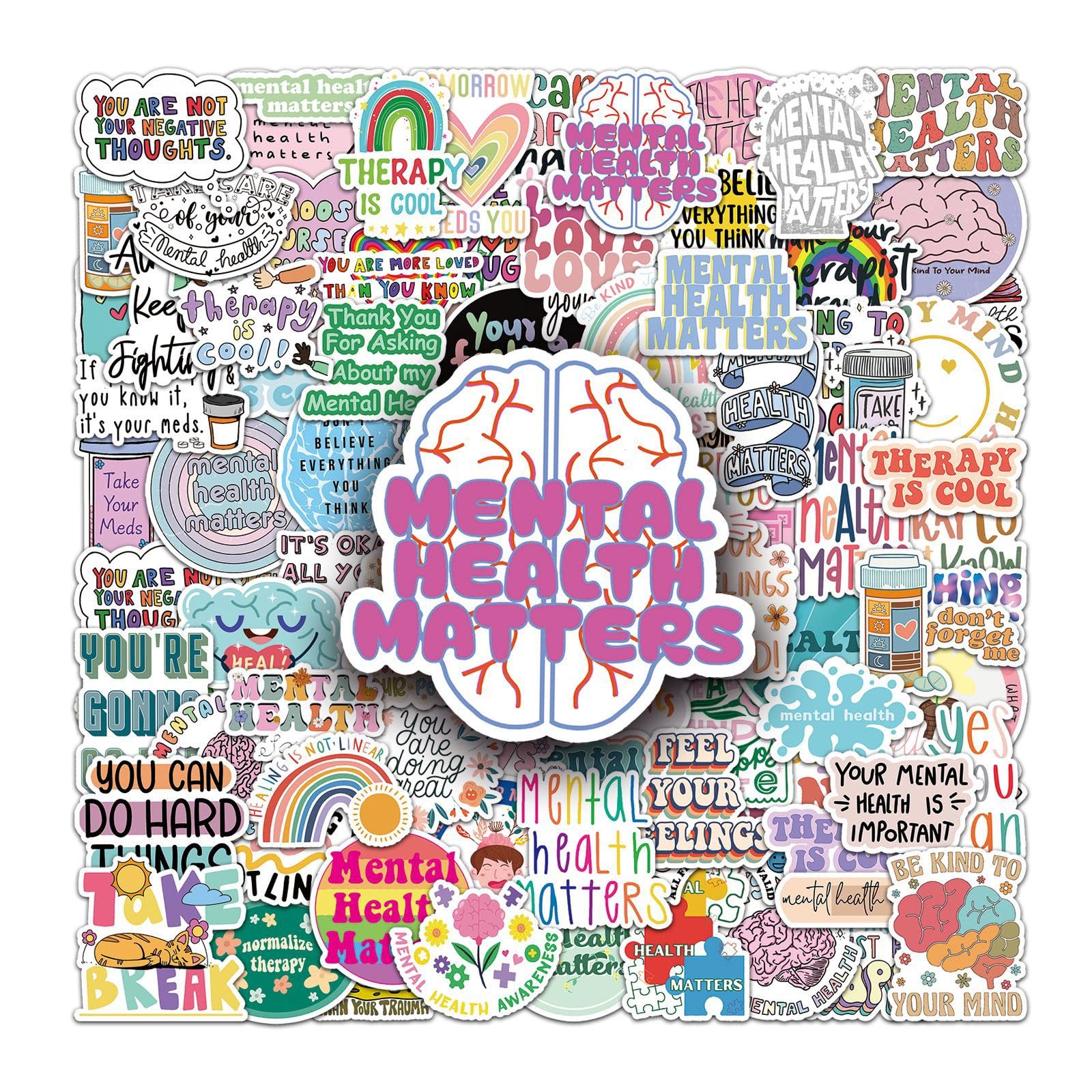 100 Pcs Mental Health Vinyl Stickers,Mental Health Graffiti Stickers,Vinyl Waterproof Sticker for Kids Teens Girls,for Phone Laptop Bottles Skateboard Computer Phone Luggage Guitar Gifts Sticker