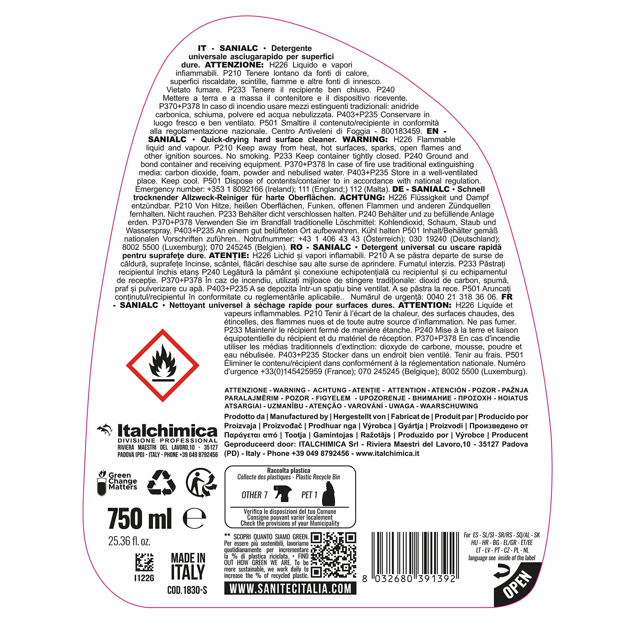 Detergente Universale a Base Alcolica 750 ml - Sanitec Pulire Sgrassare Senza Risciacquare