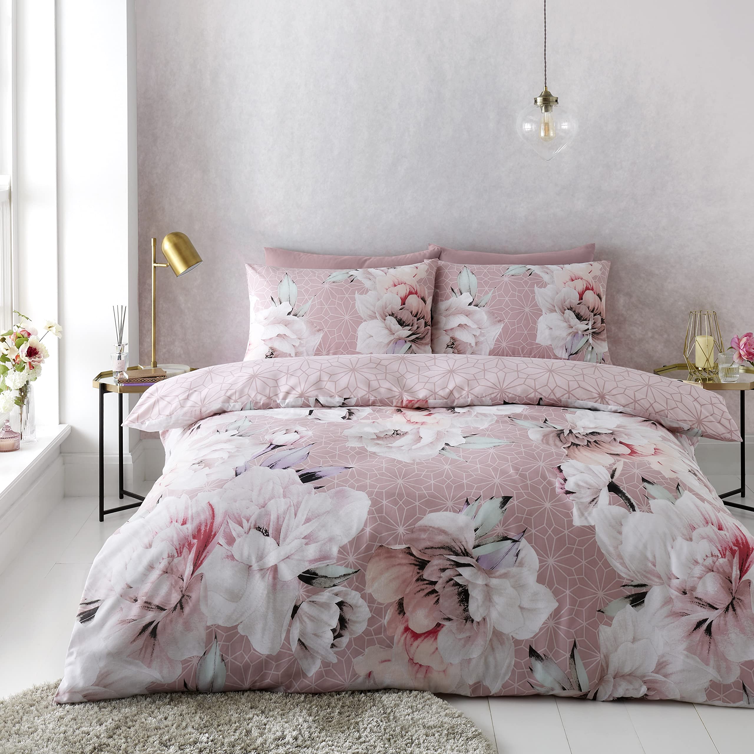 Gc Gaveno Cavailia Ariana - Blush Pink Flower Bedding King Size Bed, Easy Care Geometric Duvet Covers With Pillowcases, Blush Pink Floral Quilt Covers Set