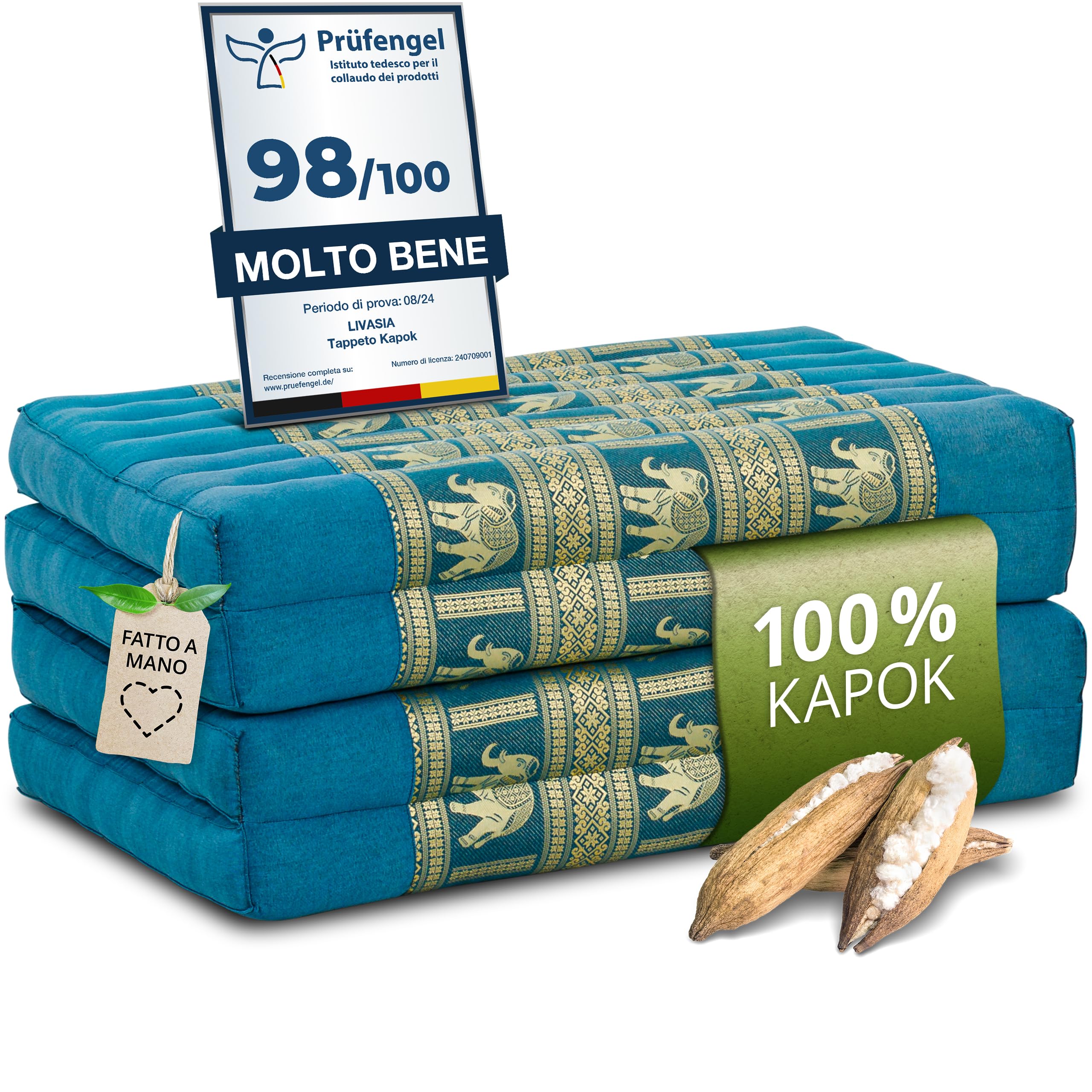 livasia tappetino arrotolabile S stretto - 200x50x4,5cm - letto materasso per ospiti 1 persona, lettino da viaggio bagagliaio, tappetino thai kapok giardino balcone fatto a mano (Blu/Giallo