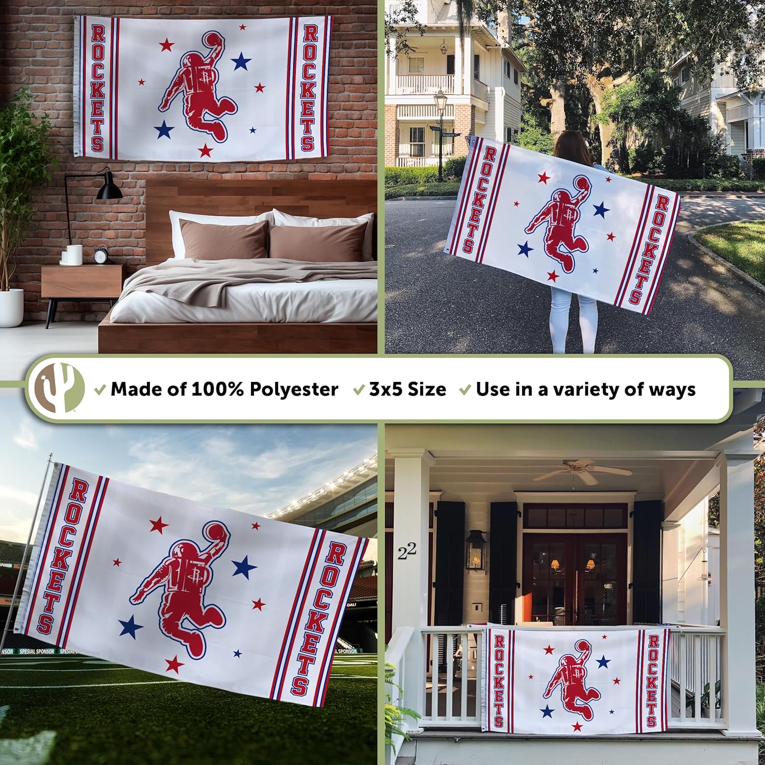 Desert Cactus Houston Rockets Flag NBA 100% Polyester Indoor Outdoor 3x5 feet National Basketball Association Team Flags (Flag City Edition 2023 B) - Image 3