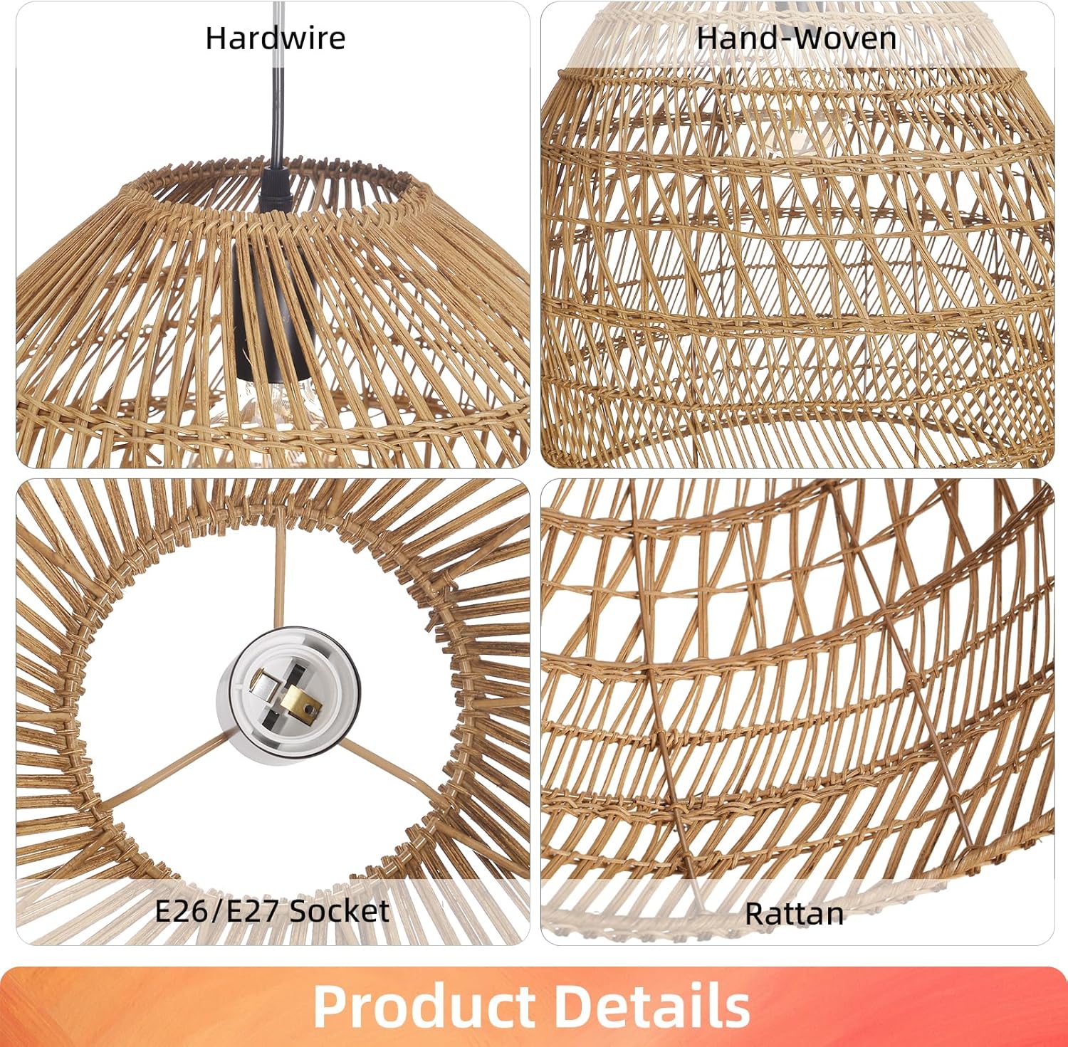 Arturesthome Boho Chandelier Rattan Pendant Light,19.6” Large Wicker Pendant Light Fixtures,Basket Hand Woven Hanging Lamp for Dining Room Living Room Kitchen Foyer