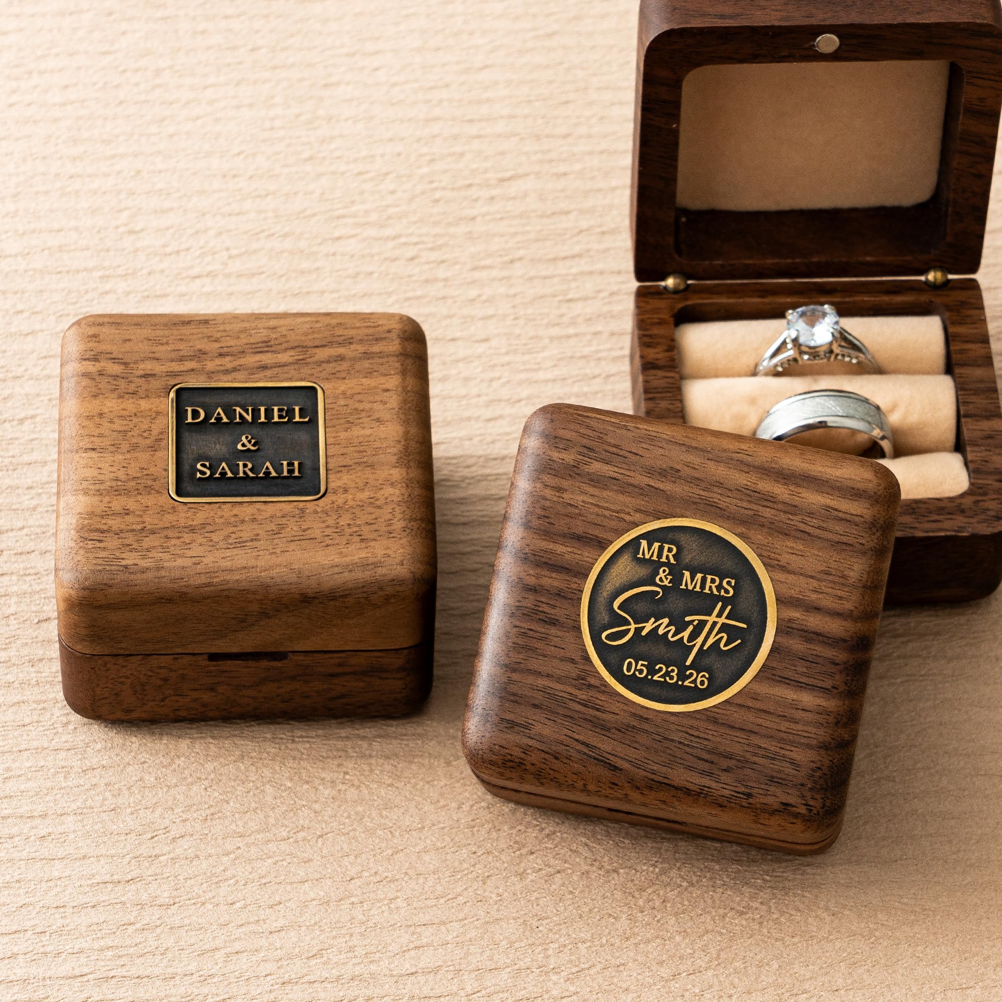 Kemeila Bronze/Grain Custom Ring Box With Antique Brass Inlay, Personalized Brass Inlay Ring Box, Wooden Engagement Ring Case, Wedding Ceremony Ring Bearer Holder