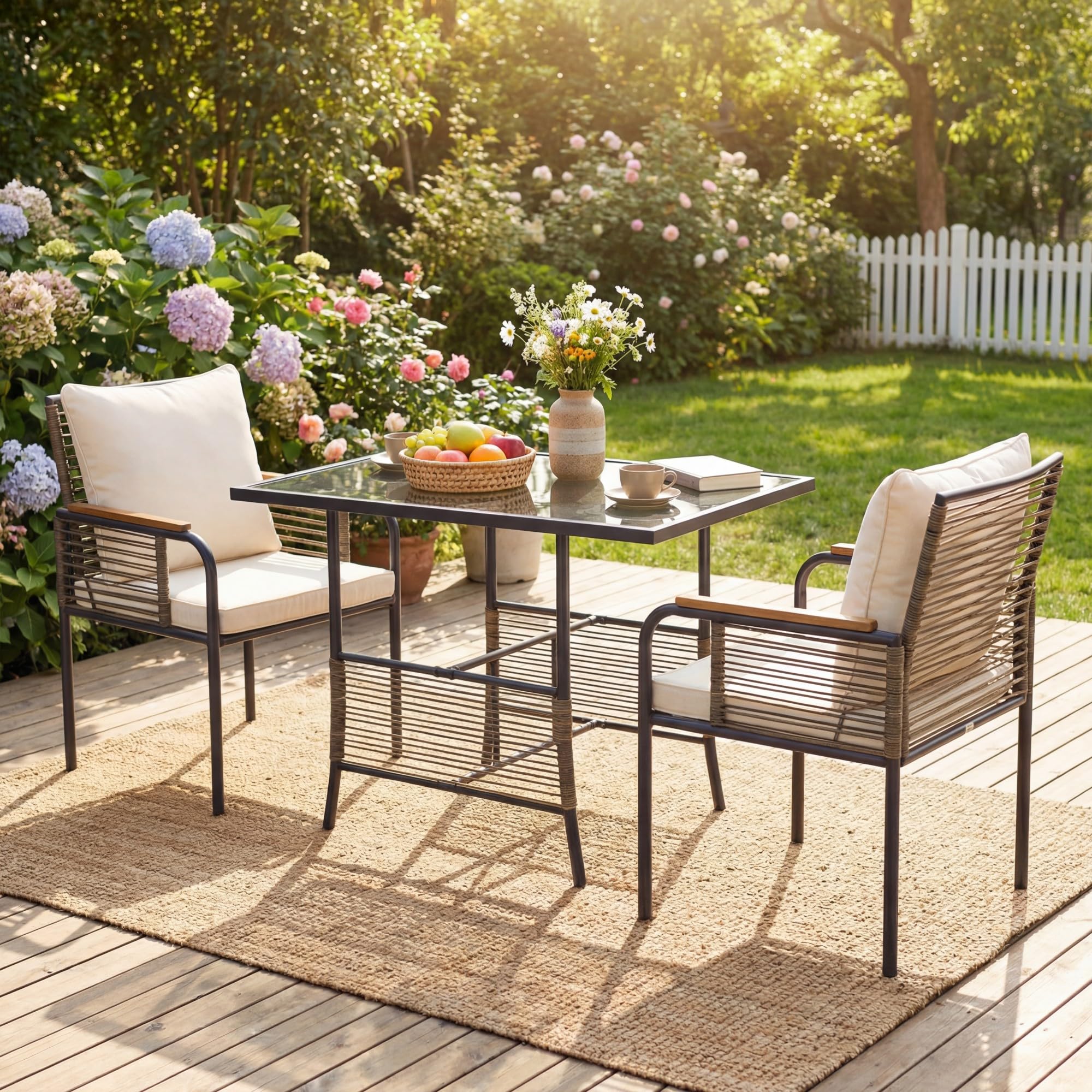 LIFEZEAL 3-TLG. Gartenmöbel Set, 3-teiliges Balkonmöbel-Set Rattan, Esstisch mit 2 Stühlen inkl. Sitzkissen, Terrassenmöbel Sitzgruppe für Balkon, Veranda, Garten, Hof (Beige)