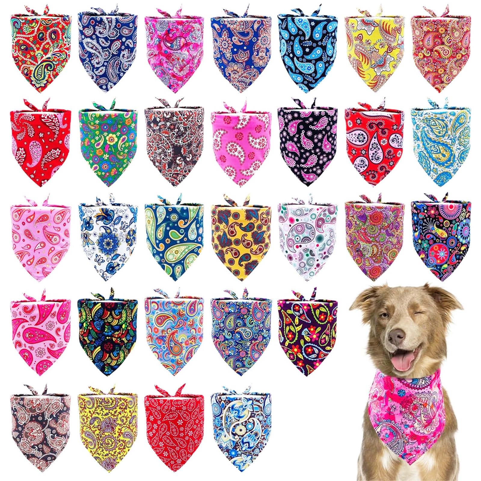Pai Sence 30 Pcs Paisley Dog Bandanas Bulk 33 Inche XL Stitch Dogs Bandanas Polyester Print One Side Bandana Grooming L