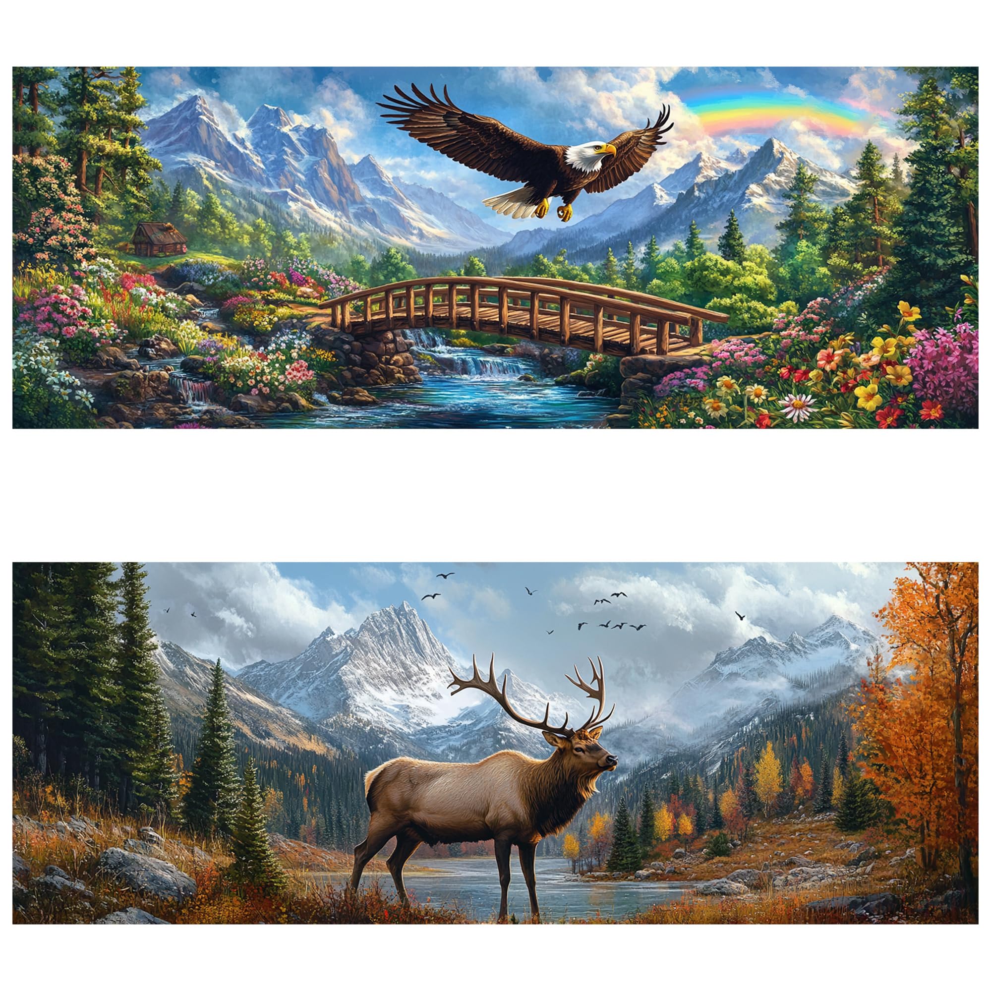 Yomiie 2 Pack Large Diamond Art Kits for Adults, Eagle &amp; Elk Diamond Painting Art Animals DIY Full Round Drill Kits, Embroidery Rhinestone Diamond Crystal Craft Canvas Home Wall Decor 31.5x11.81 inch
