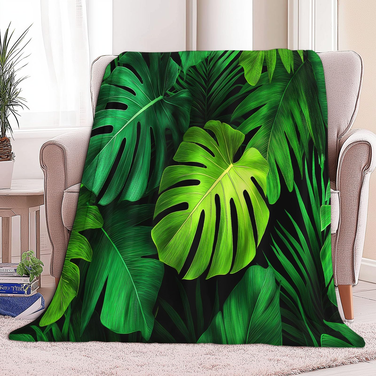 Puszysty koc flanelowy, narzuta na sofę, łóżko, krzesło, miękka tropikalna pościel z liści monstery, 221 x 239 cm, dekoracyjny, ultramiękki koc na łóżko dla dzieci, nastolatków, dorosłych, 220 x 240