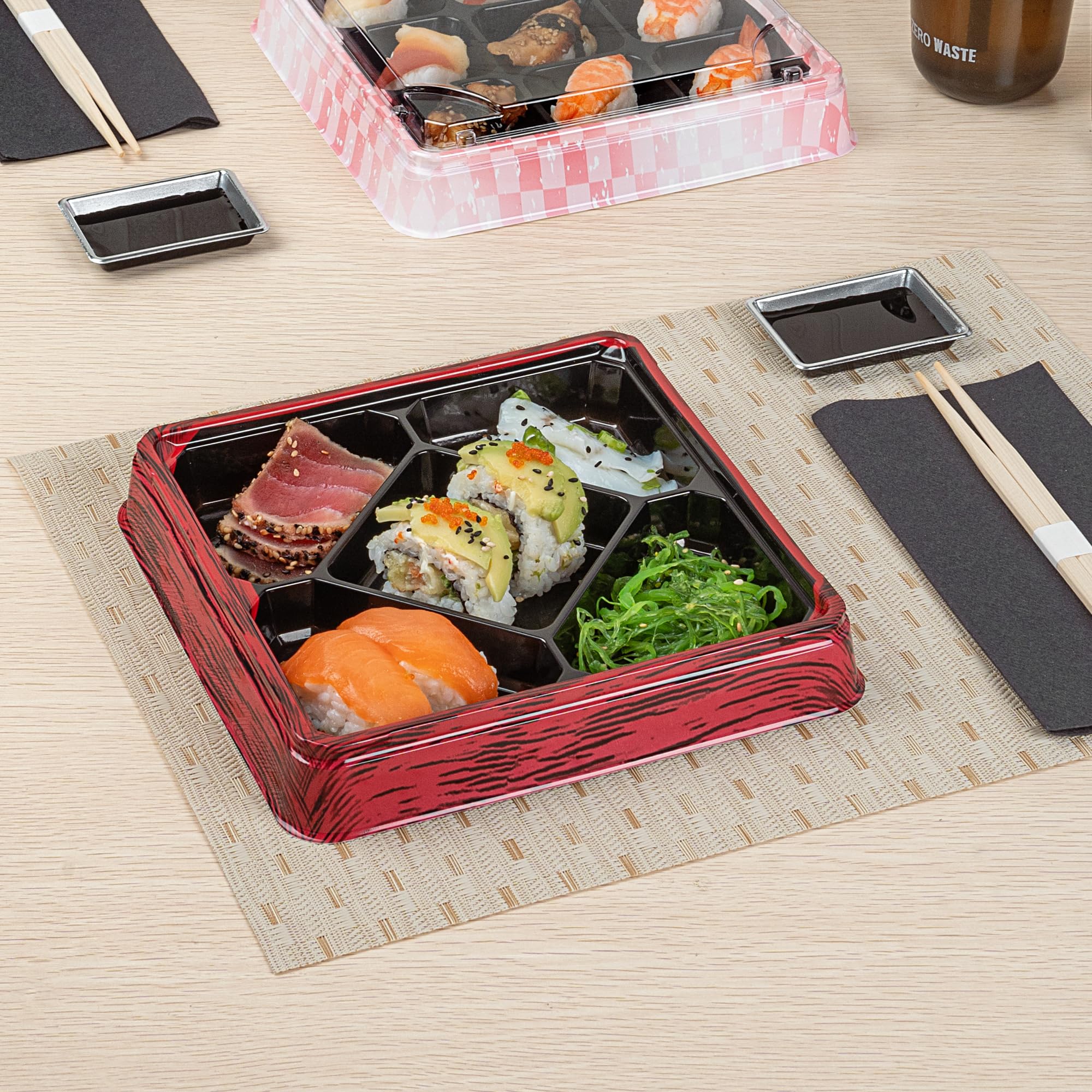 Restaurantware -Bento Tek - Contenedores de preparación de comidas de 18 onzas, 50 cajas desechables para alimentos, las tapas se venden por separado, 5 compartimentos, cajas de almuerzo Bento de