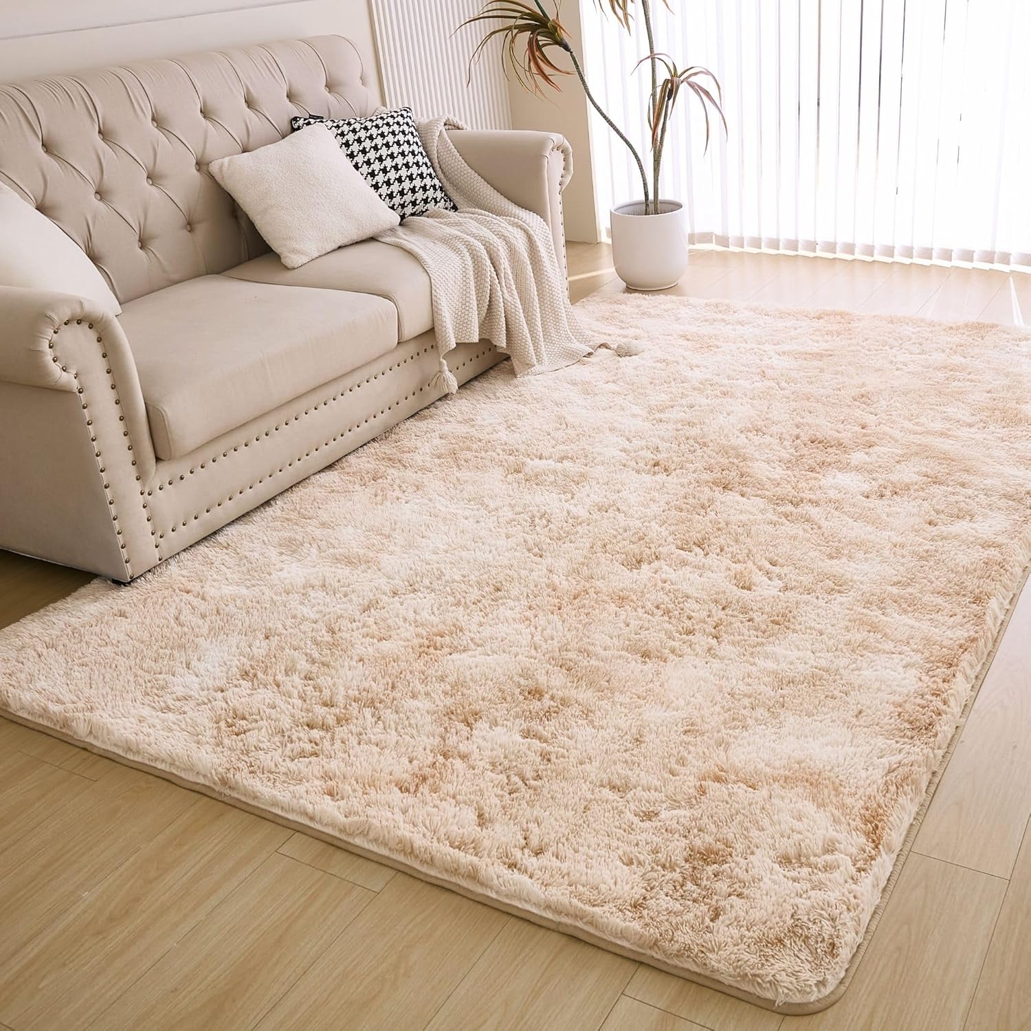 Fluffy 4x6 Shag Area Rug, Washable Tie-Dyed Beige Large Rug for Living Room and Bedroom, Soft Plush Faux Fur Carpet Ideal for Nursery Boys and Girls, Non-Slip Area Rug Perfect for Playroom 4x6 Feet Tie-dyed Beige
