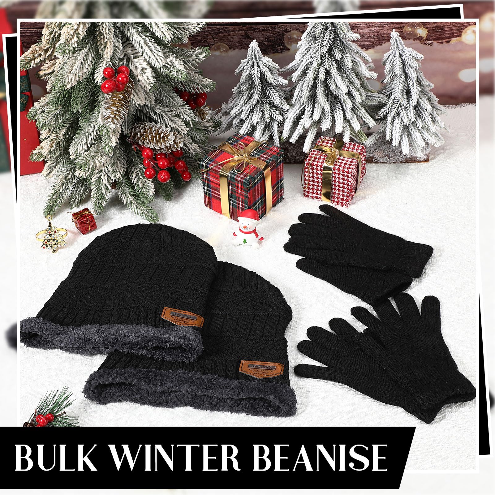 Suhine 48 Stück Wintermützen Handschuhe Combo Pack Fleece Strickmützen Bulk Unisex Gemütlich Warme Handschuhe für Damen Herren Geschenk Schwarz, Schwarz, Medium