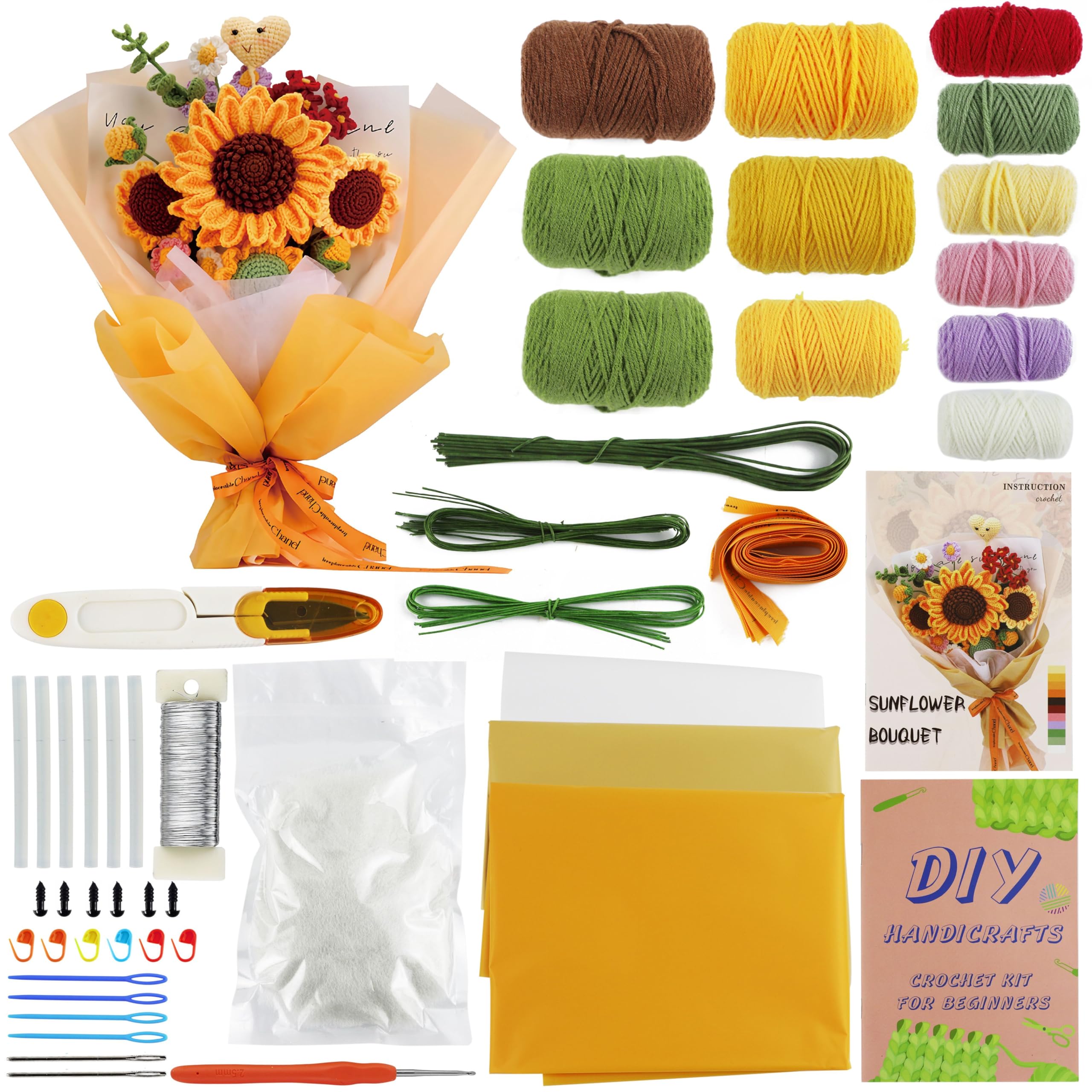 Kit Amigurumi Per Bouquet Di Fiori - Cotone E Acrilico, Con Uncinetto E Tutorial | Ideale Principianti