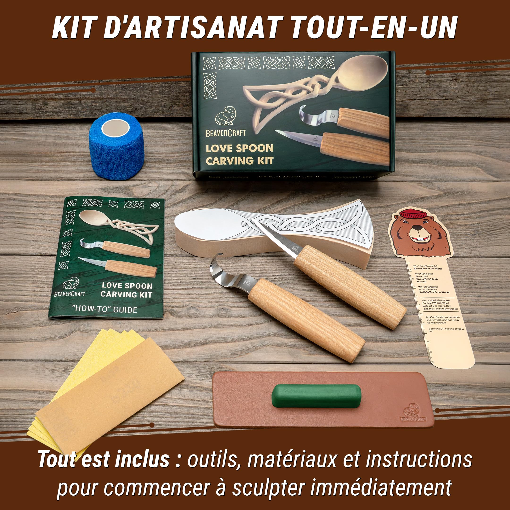 BeaverCraft DIY04 Kit de sculpture de cuillères en bois pour débutants – Ensemble de couteaux Sloyd et crochet, ébauche en tilleul – Kit de sculpture sur bois pour adultes et enfants
