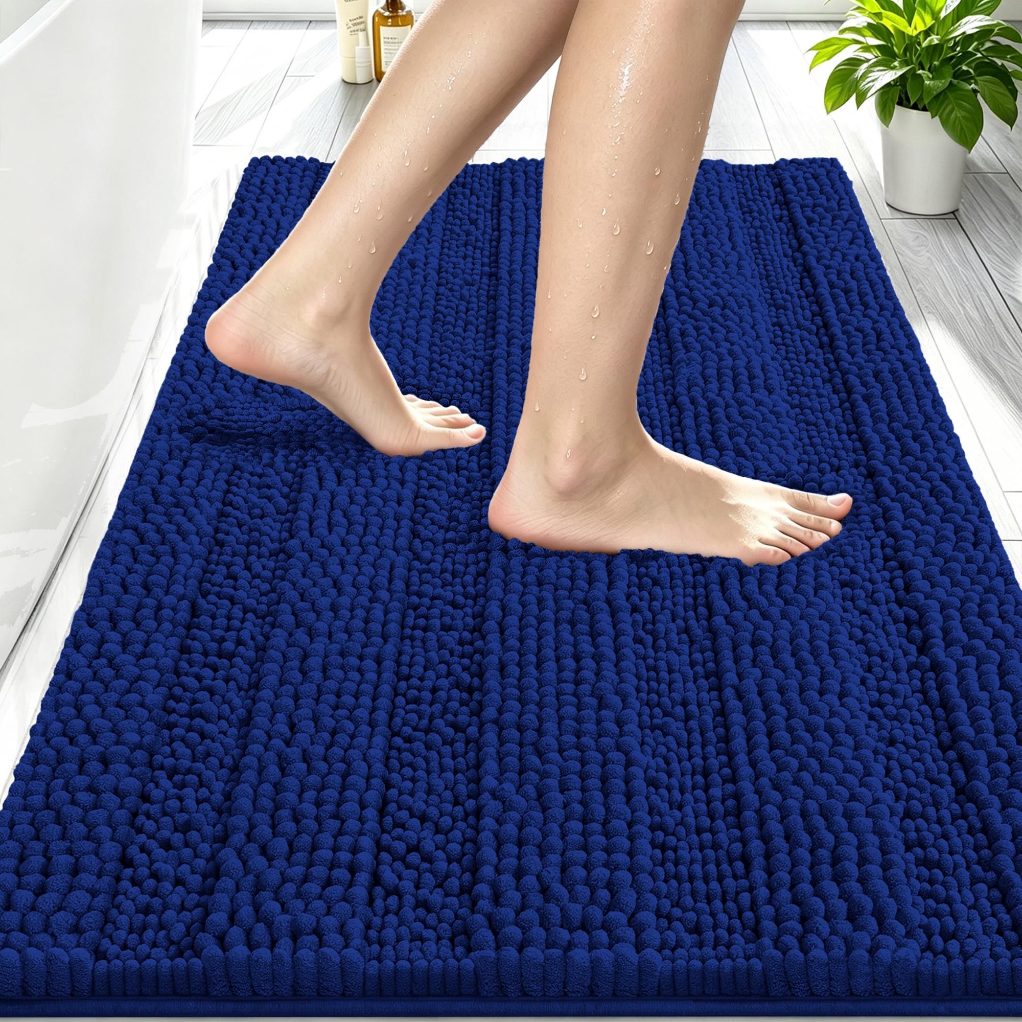 Smiry Thick Chenille Bathroom Rugs 30x20, Soft Absorbent Bath Mat, Navy