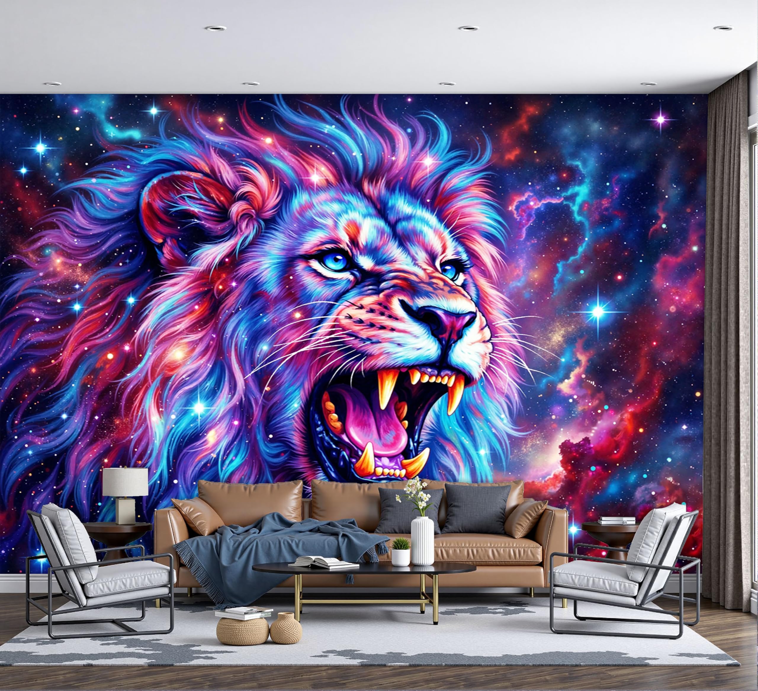 Papier peint 3D panoramique Lion Féroce 450x315cm bleu rouge pour salon et chambre