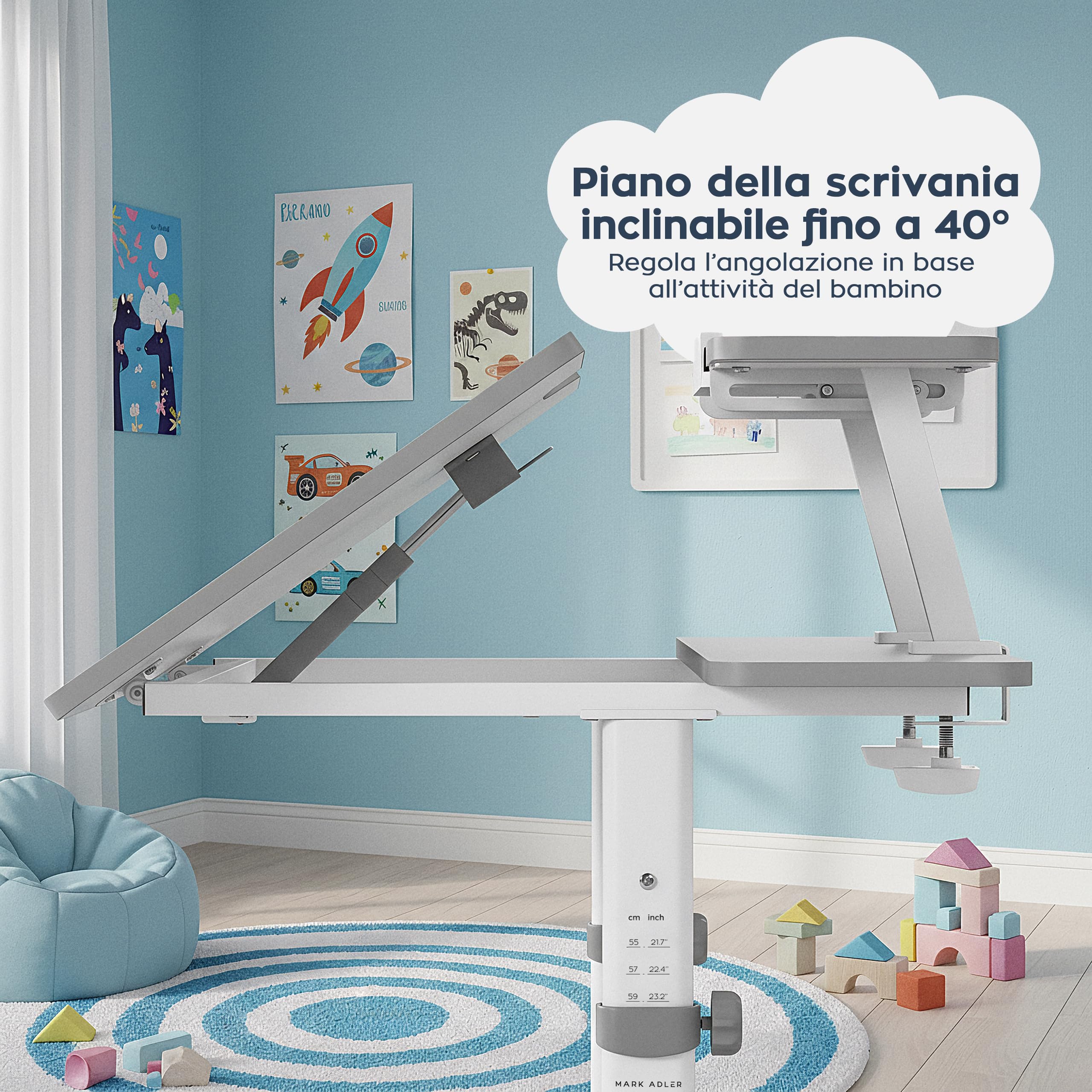 MARK ADLER Study 3.7 Scrivania Ergonomica per Bambini Regolabile in Altezza 55-75 cm - Piano Inclinabile Fino a 40° - Con Supporto per Libri e Vano Portaoggetti - Per Bambini da 90 a 160 cm - Grigio