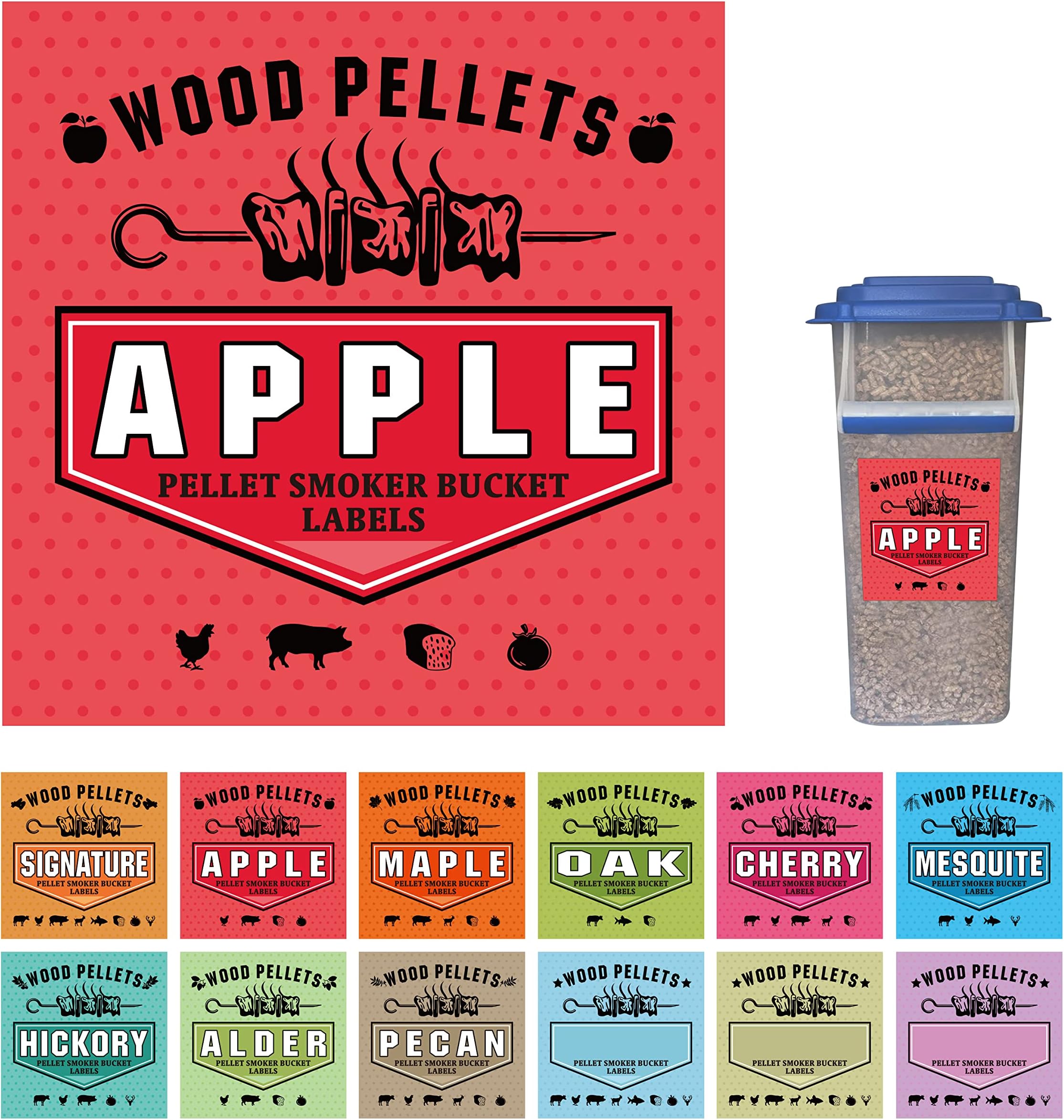 Smoker Grill Pellet Label Stickers - Set of 12 for Wood Pellet Storage Containers, Easy Identification of Different Flavors