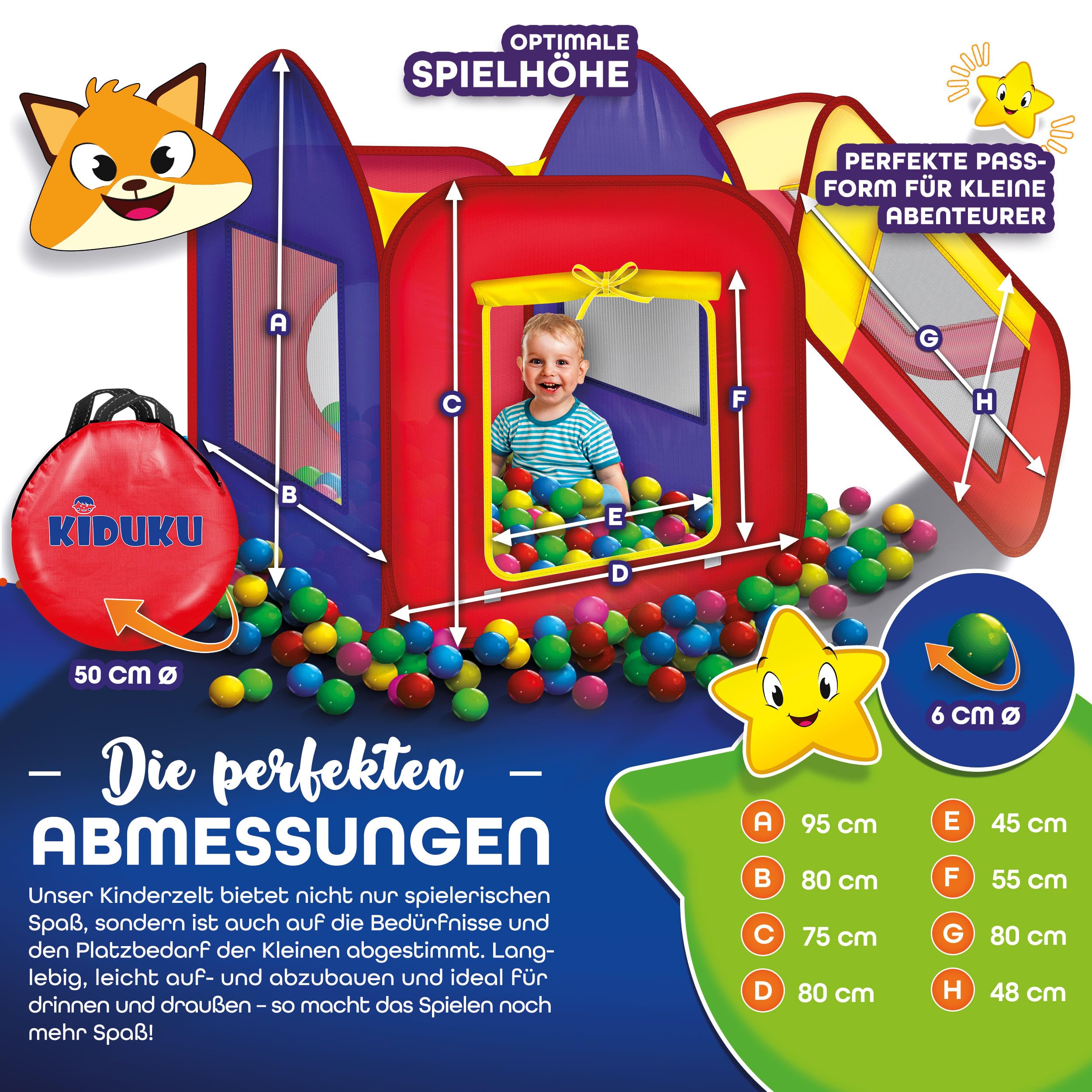 KIDUKU® Kinderspielzelt Bällebad Pop Up Spielzelt + 200 Bälle + Tasche für drinnen und draußen