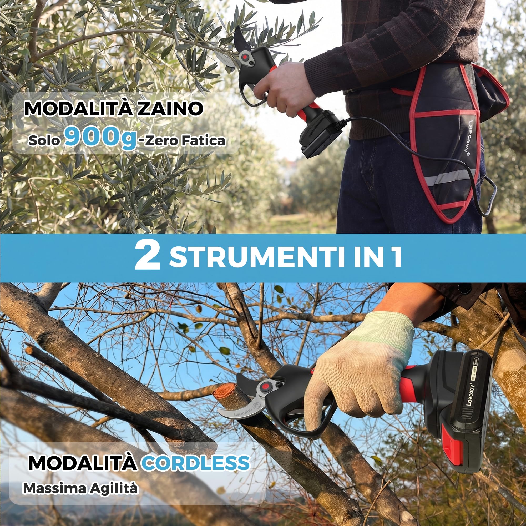 Laecabv Forbici Potatura Elettriche da 40mm Progressiva Cesoie Forbice da Potatura a Batteria Teflon Rivestite Lame per Olivo, Vigneto e Giardino con 2x2Ah batteria