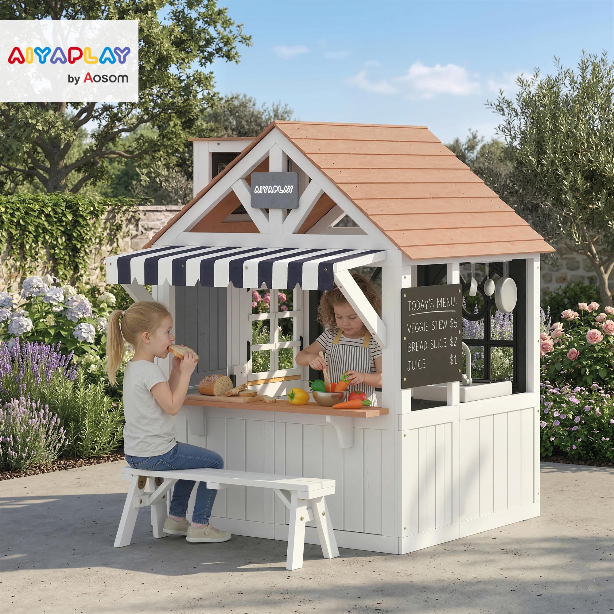 AIYAPLAY Casita infantil exterior madera 136x117x153.5 cm blanco con gatera cocina pizarra banco timbre