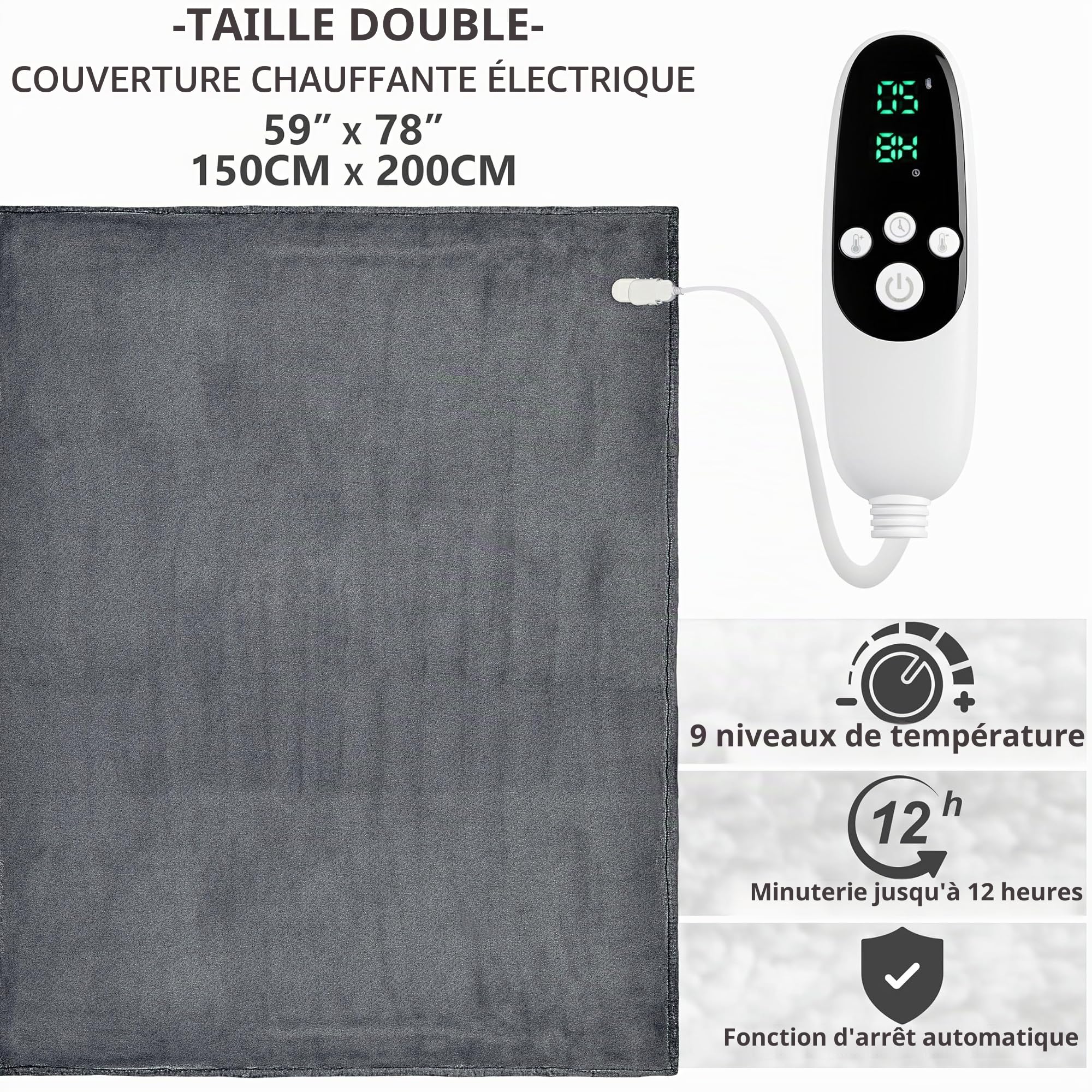 Get Trend Couverture Chauffante Électrique 150x200 cm, Polaire Plaid Sherpa, 9 Niveaux avec 12 Heures Arrêt Automatique, Lavable en Machine, Idee Cadeau (Gris Foncé, Double EU)