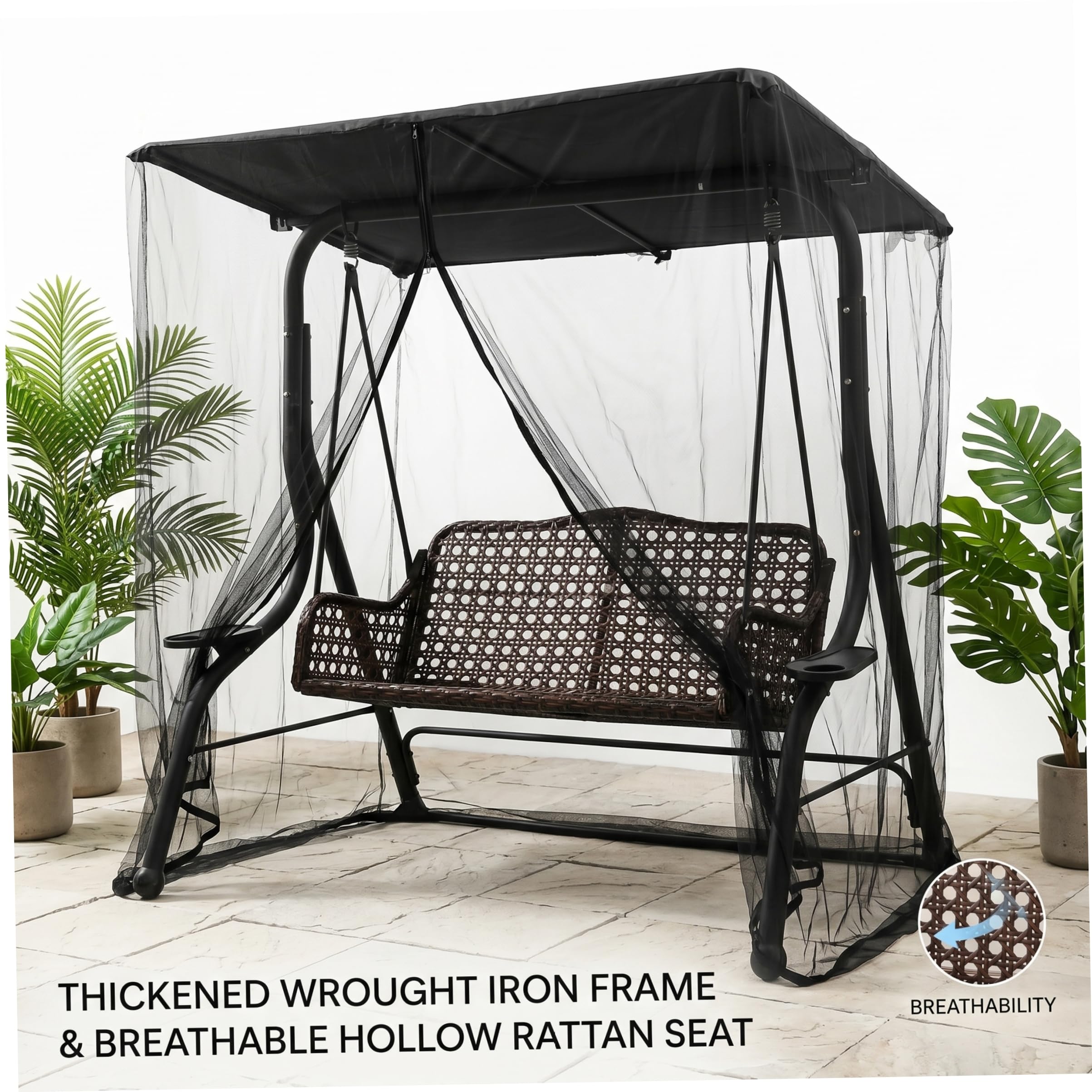 Moustiquaire de terrasse pour Porche, balancelle 3 Places avec auvent imperméable, Anti-Insectes, Noire, 2 m (6, 73 pi)