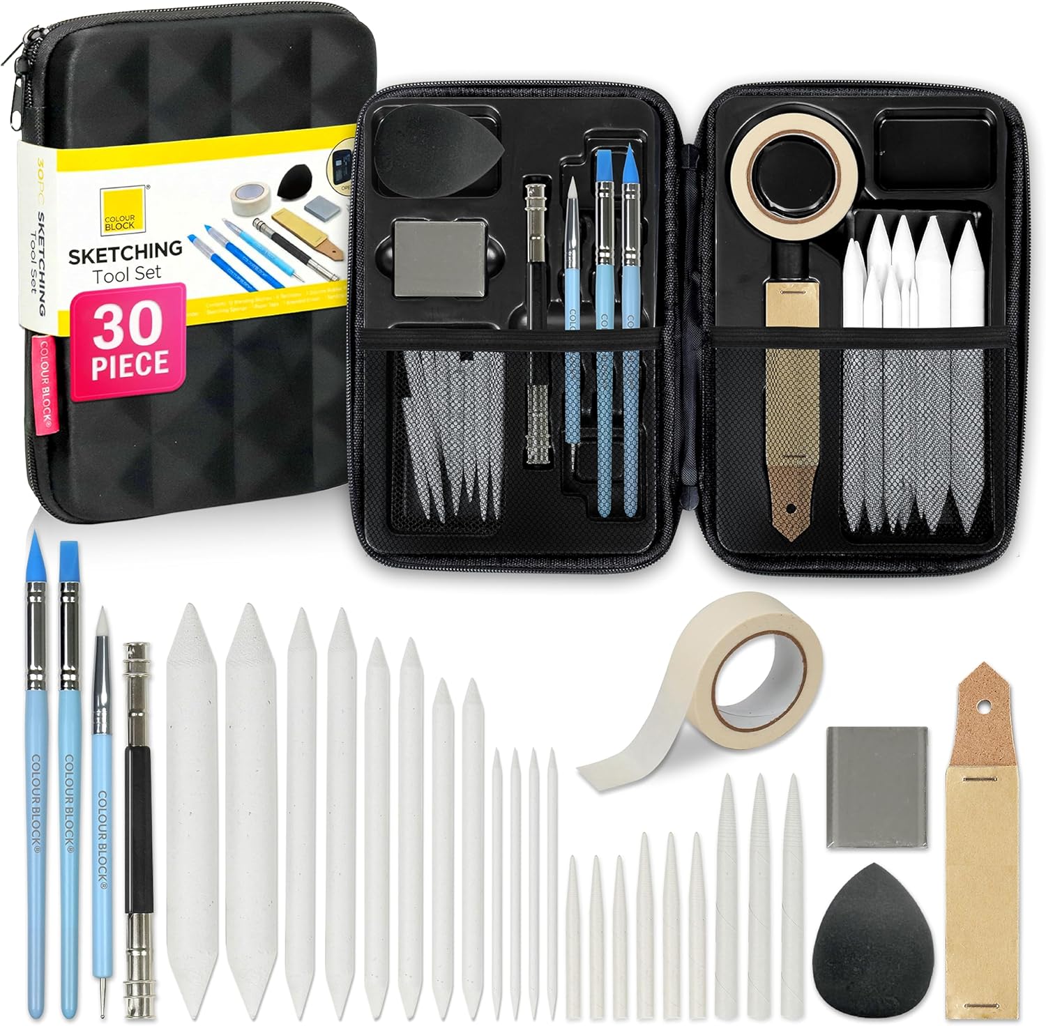 COLOUR BLOCK 30pcs Sketching Tool Set with Soft Pastels Drawing Art Blenders, Blending Stumps, Tortillions, Sandpaper, Sketch Pencil Extender, Rubber Pens