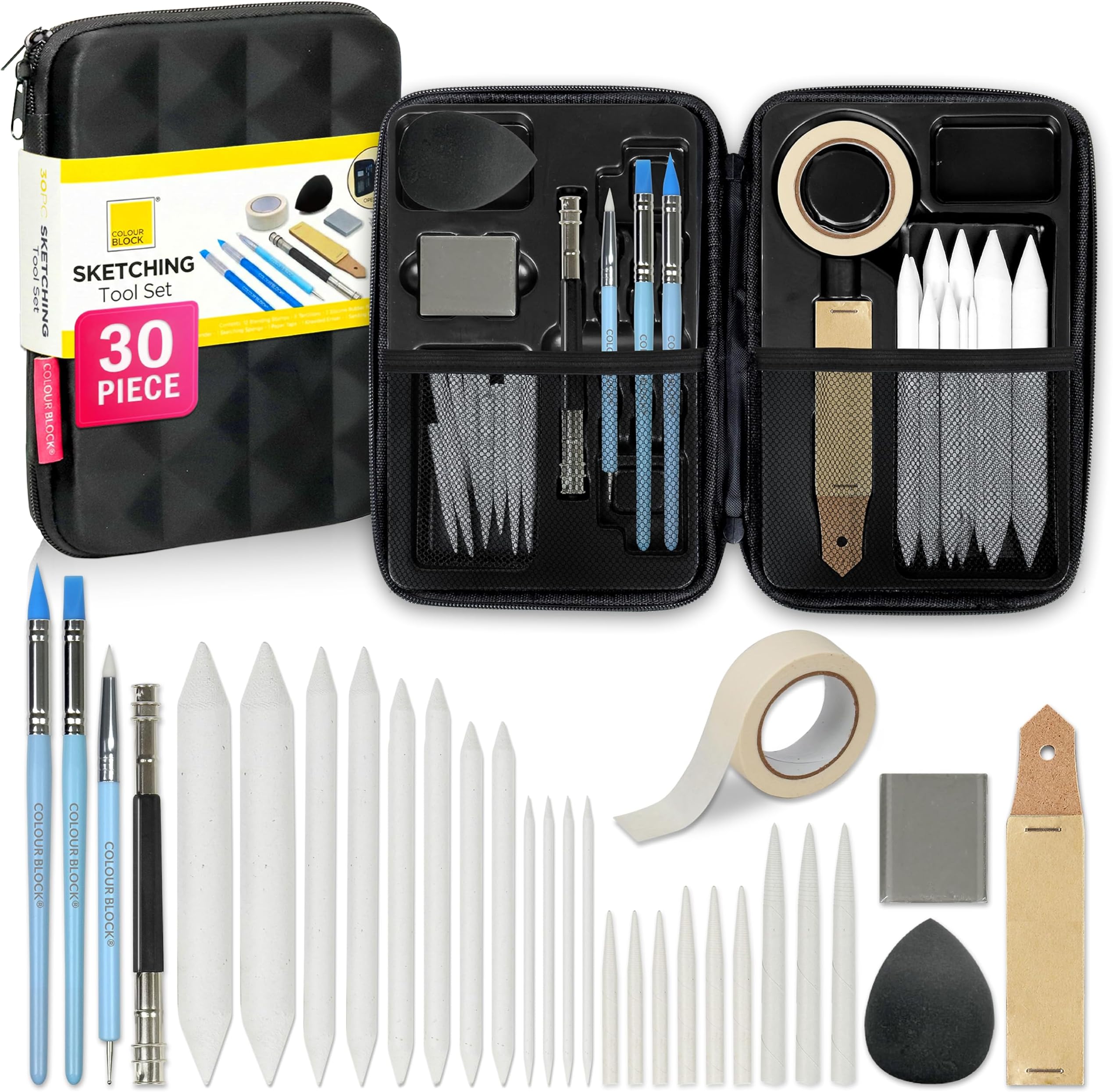 COLOUR BLOCK 30pcs Sketching Tool Set with Soft Pastels Drawing Art Blenders, Blending Stumps, Tortillions, Sandpaper, Sketch Pencil Extender, Rubber Pens