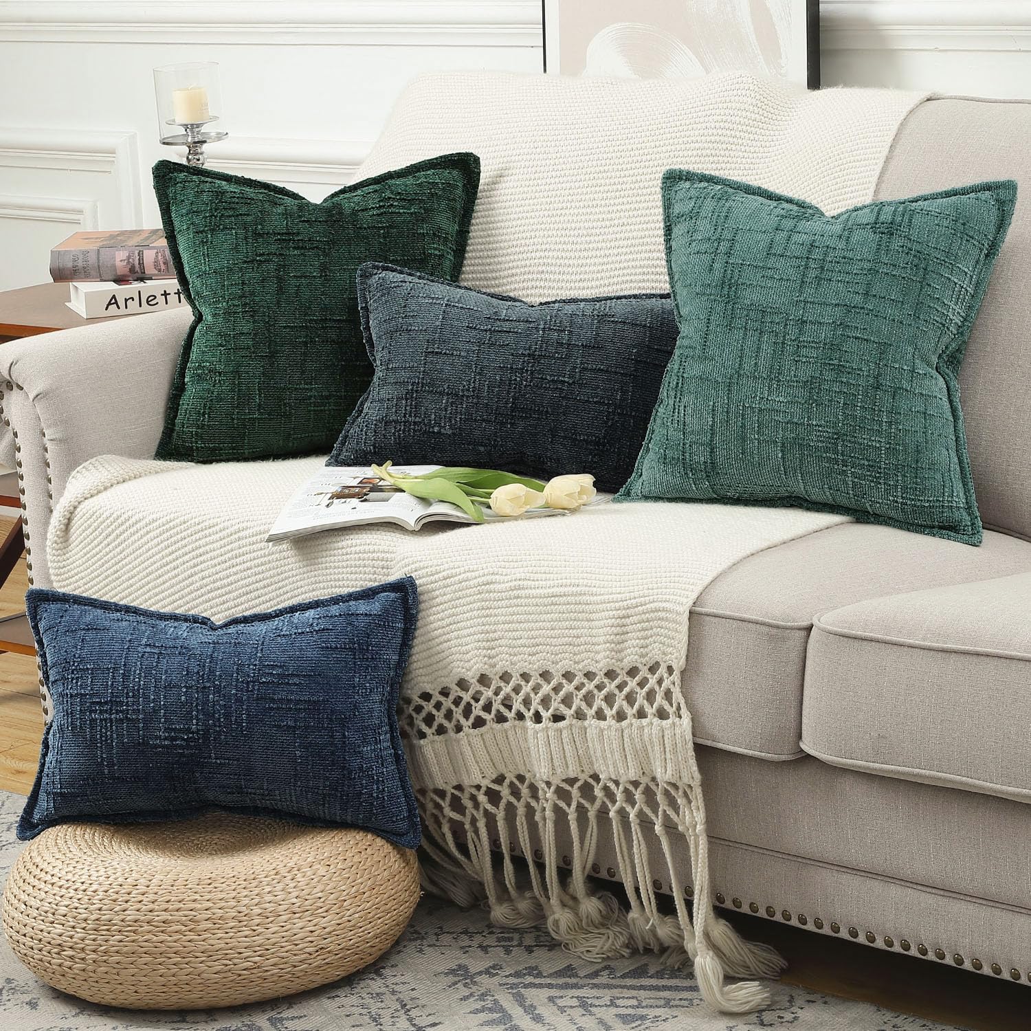 Madizz Lot De 2 Housses Coussin Chenille Doux 40x40 Cm – Bleu Élégant Avec Bordure Volant Décoratif Canapé & Chambre