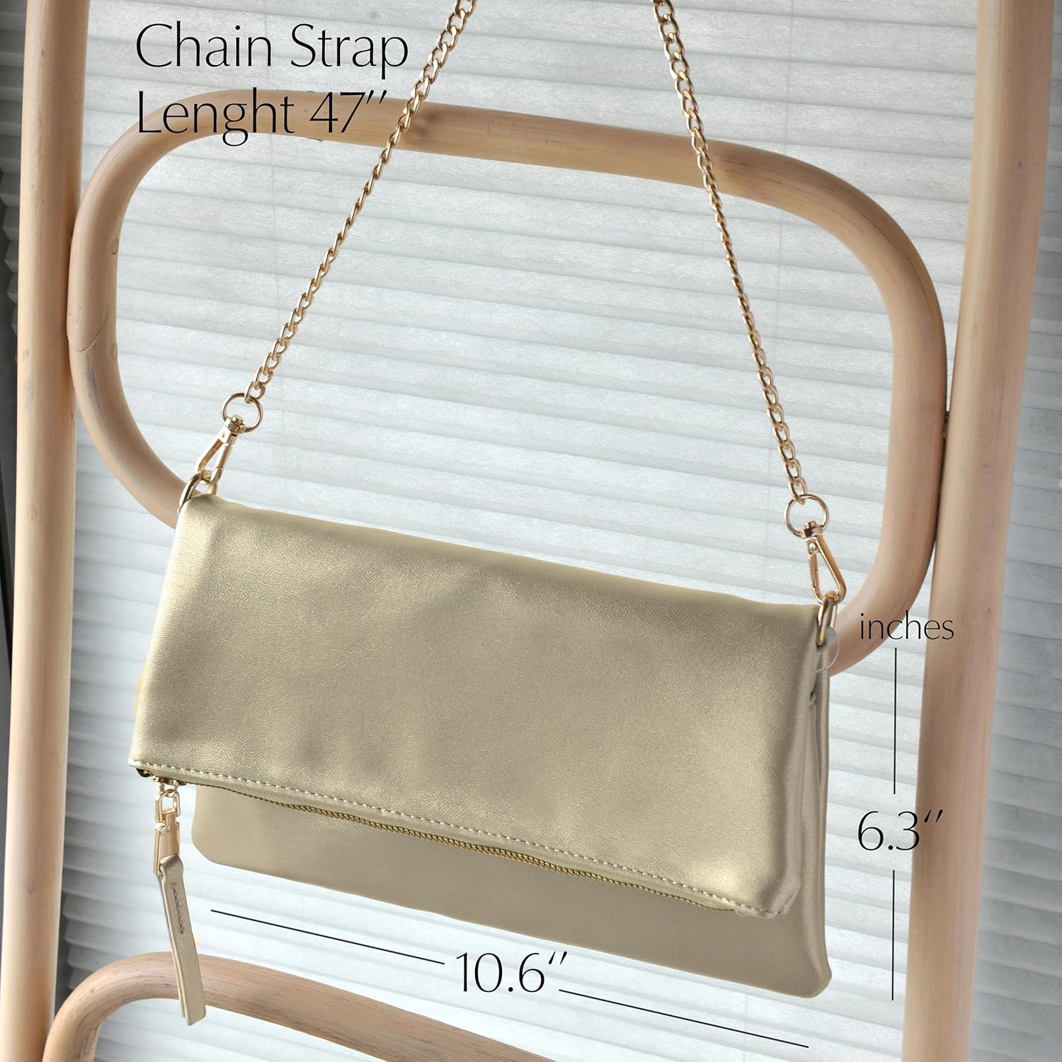 Women's Zipper Foldover Clutch Vegan Leather Envelope Cross body Bag with Chain Strap