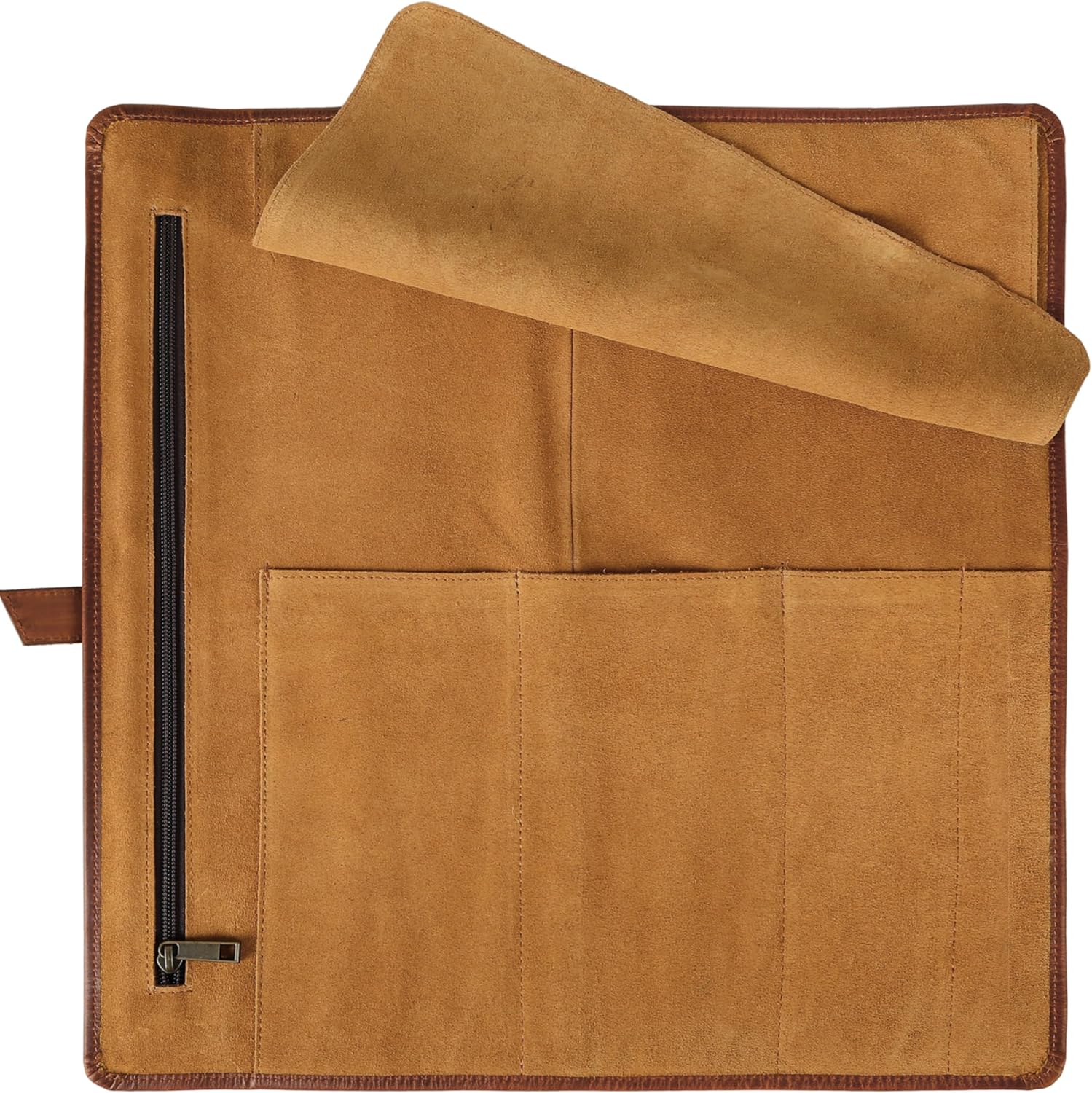 KomalC Premium Buffalo Leather Chef Knife Roll – 17.5″ × 17.5″ Knife Storage Bag with 4 Slots, Suede Lining, Brass Buckle & Zipper Pouch – Portable Travel Case for Chefs & Culinary Students