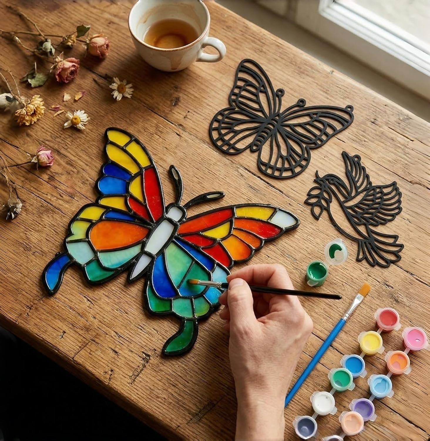 Woxzibb 3-Pack Stained Glass Painting Kit, DIY Stained Glass Art Kits for Adults, Acrylic Suncatcher Crafts, Window Ornaments for Spring Gifts Mother's Day Party Birthday Activity Home Decor