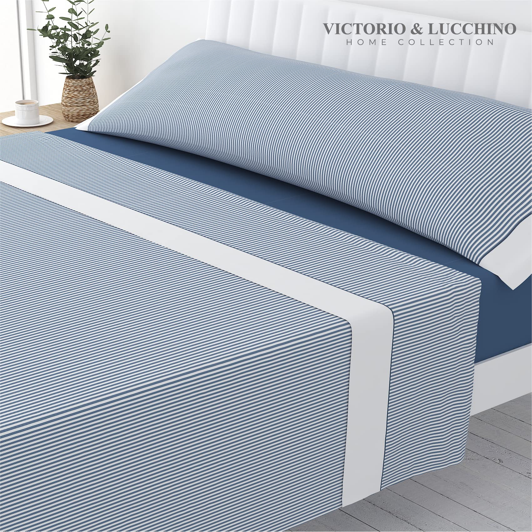 Victorio & Lucchino Juego de Sábanas Estampadas de Verano Algodón/Poliéster (Cama 135/140cm (1 Almohada), Giorga - Marino)