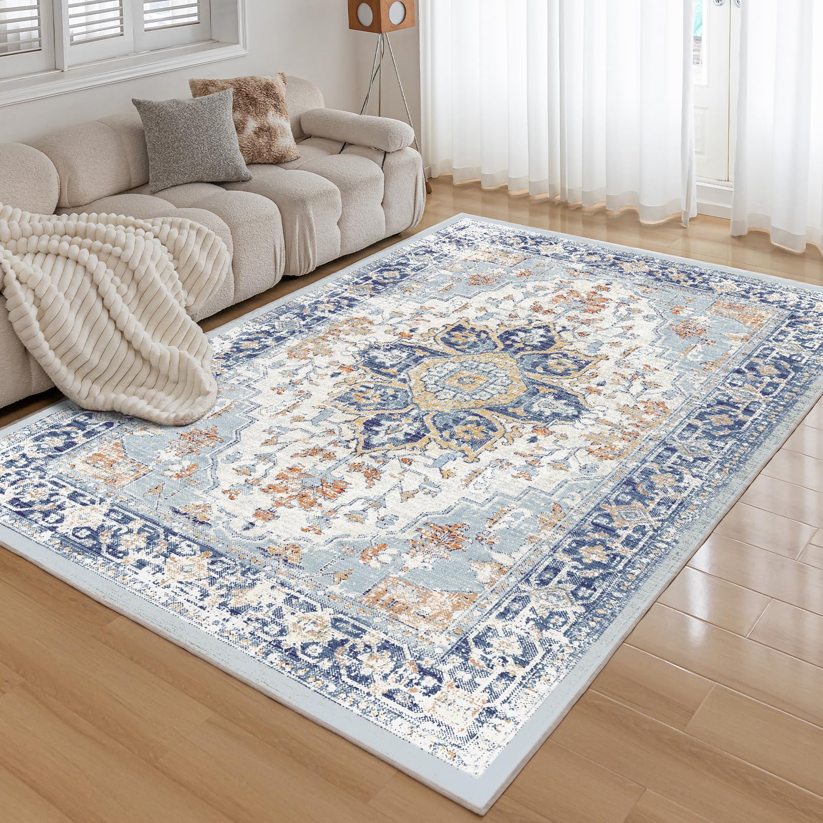 CHOSHOME Machine Washable Rugs for Living Room Area Rugs for Bedroom Short Pile Rugs Non Slip Carpet Traditional Soft Oriental Rug for Kitchen Dining 200X290CM Vintage Deep Blue