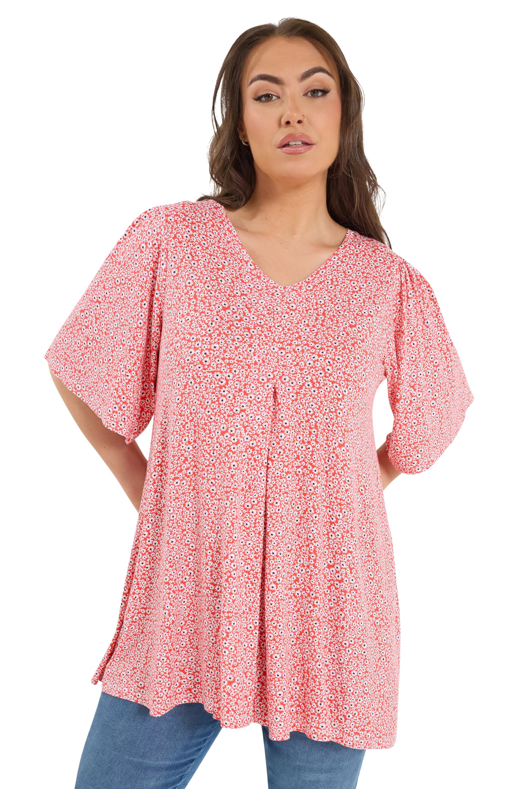 Yours Women's Red Ditsy Floral Pleated Front Top In | Size: 20
