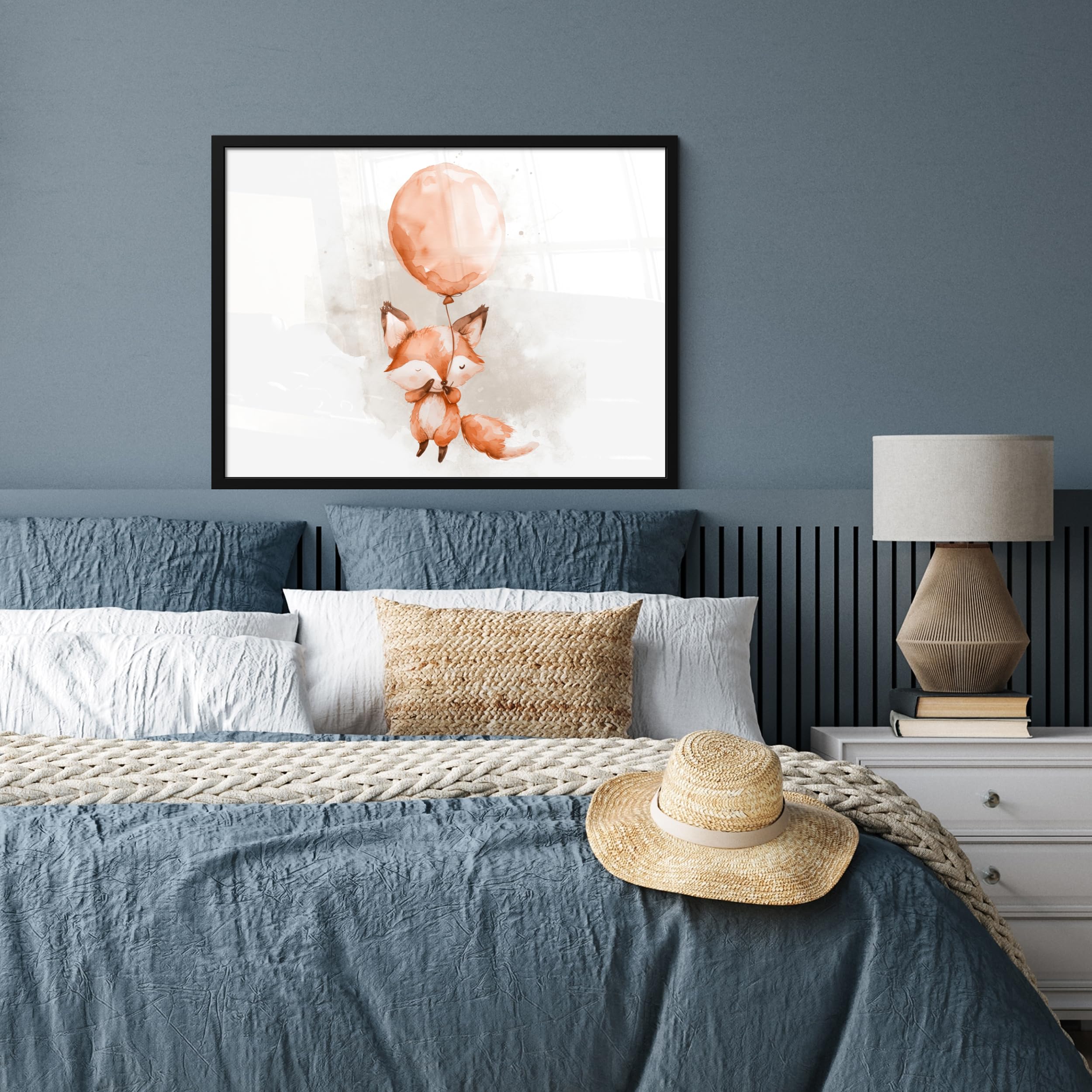 MuchoWow© Bilder mit Rahmen 80x60 cm Poster Wanddekoration Wohnzimmer Deko Modern Geschenke Bilderrahmen Fuchs - Luftballon - Aquarell - Kinder - Mädchen