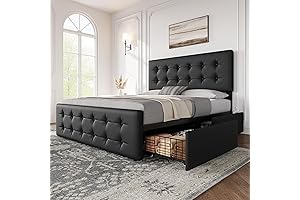 GAOMON Black Leather Bed Frame with Storage Drawers and Headboard