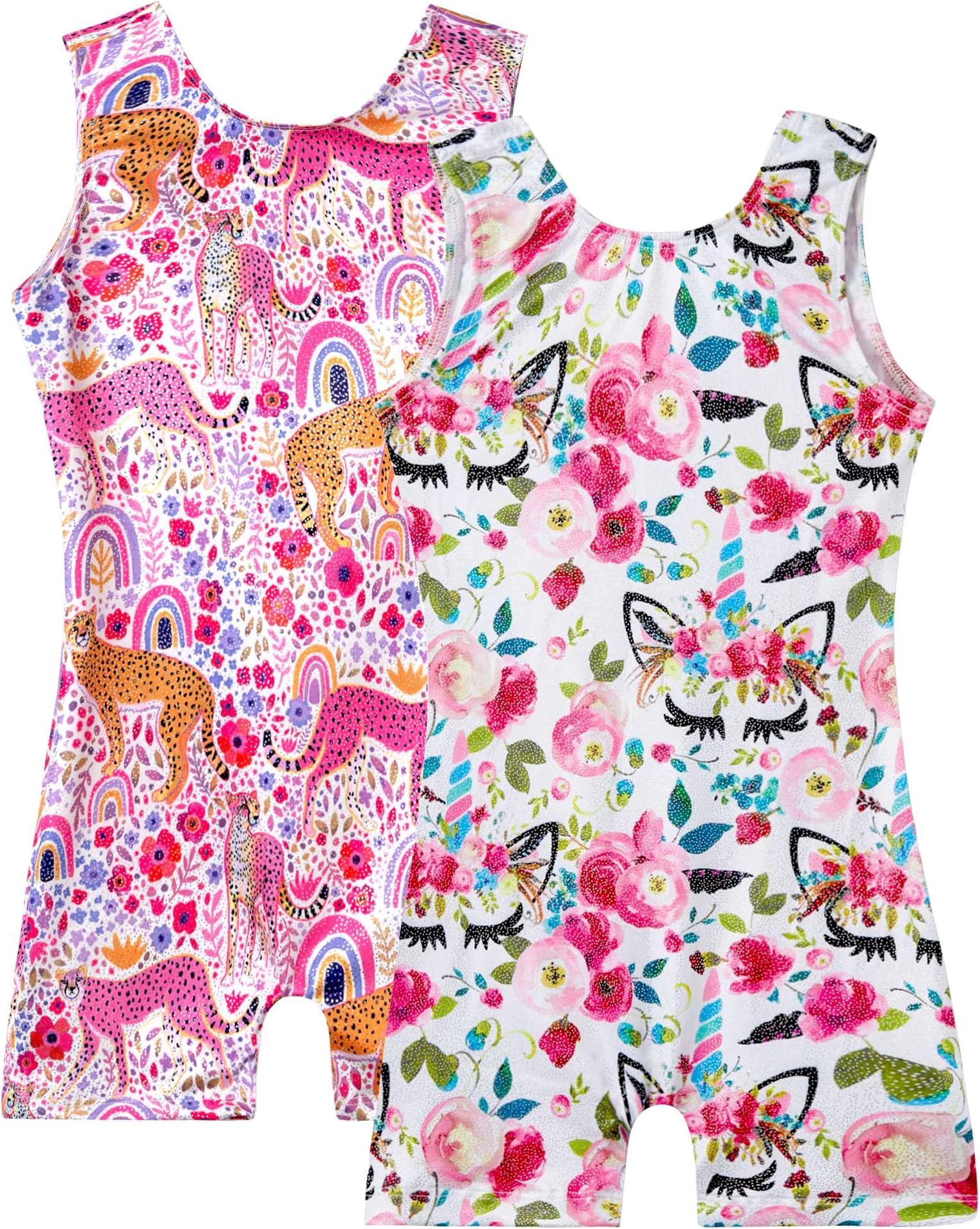 TENVDA Bundles of Gymnastics Leotard for Girls 4t 5t Sparkly Unicorn and Pink Cheetah Floral Print Sleeveless Biketards Unitard