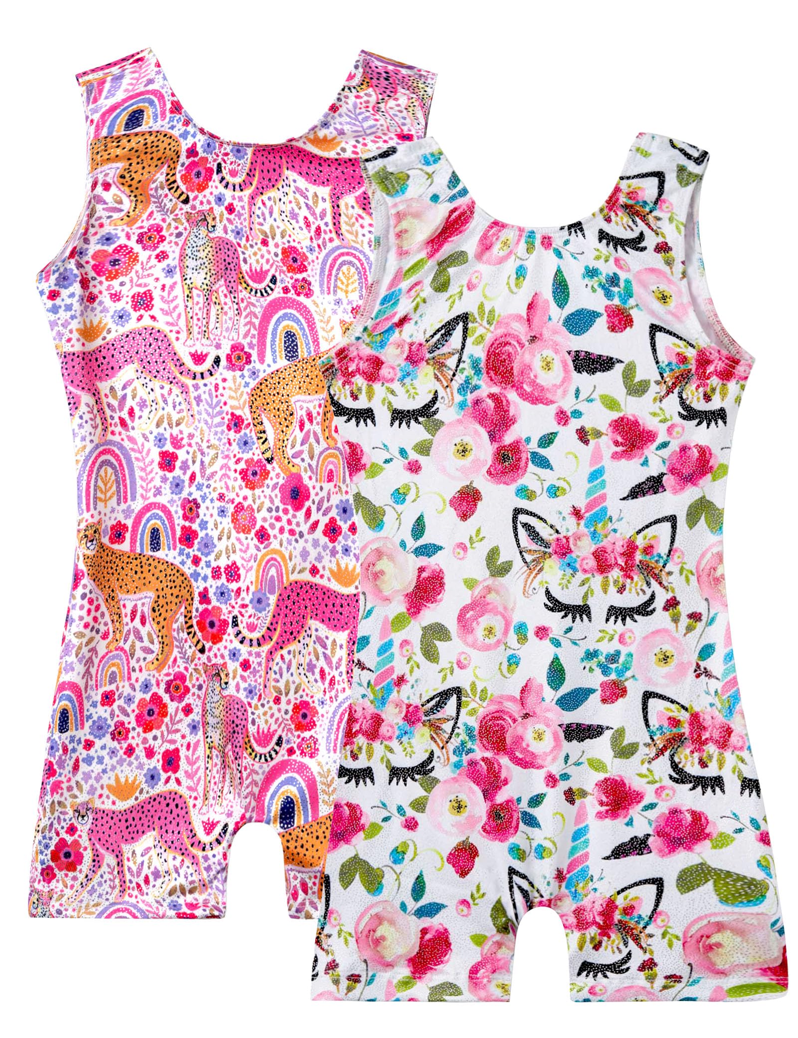TENVDA Bundles of Gymnastics Leotard for Girls 4t 5t Sparkly Unicorn and Pink Cheetah Floral Print Sleeveless Biketards Unitard
